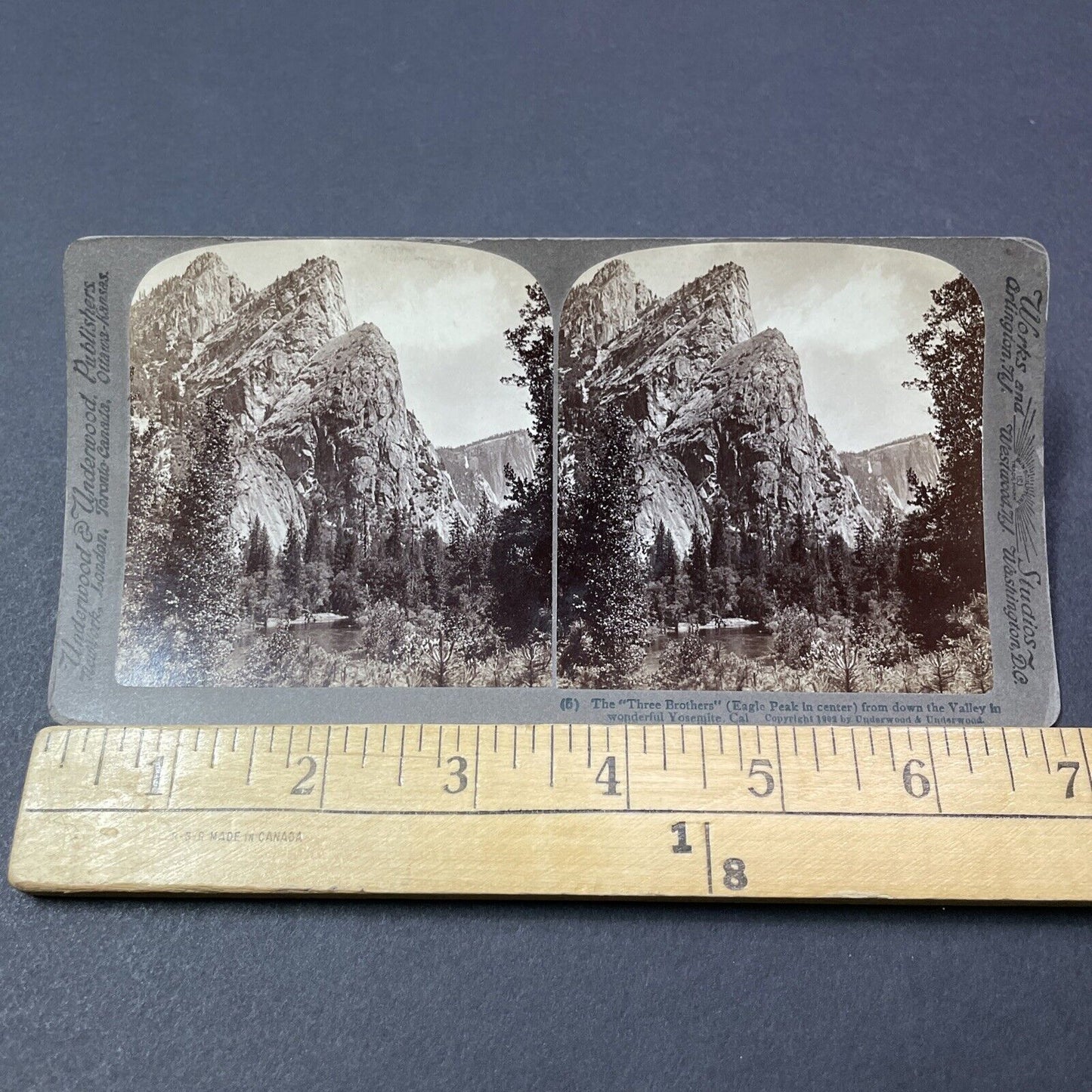 Antique 1902 Three Brothers Mountain Yosemite CA Stereoview Photo Card V2156