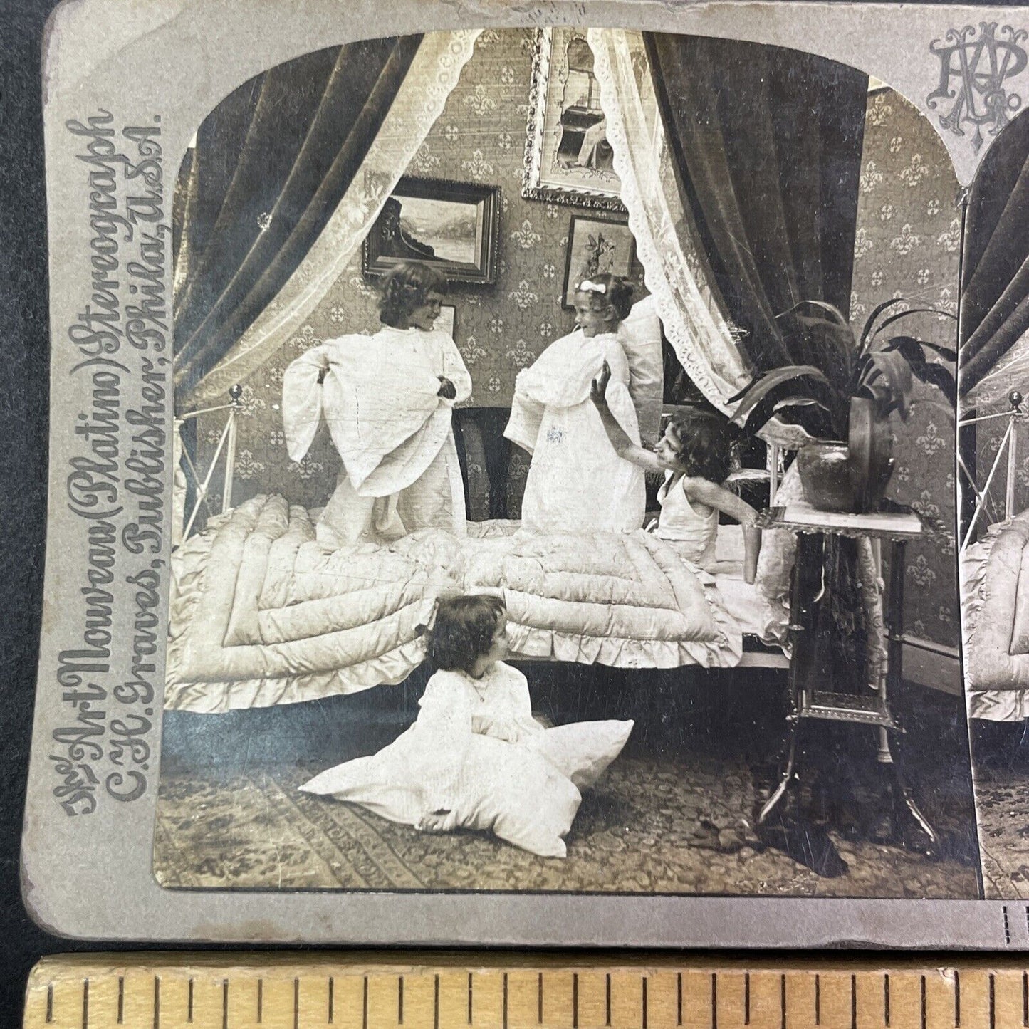 Children Have a Pillow Fight in Bedroom Stereoview Antique c1890s Y1348