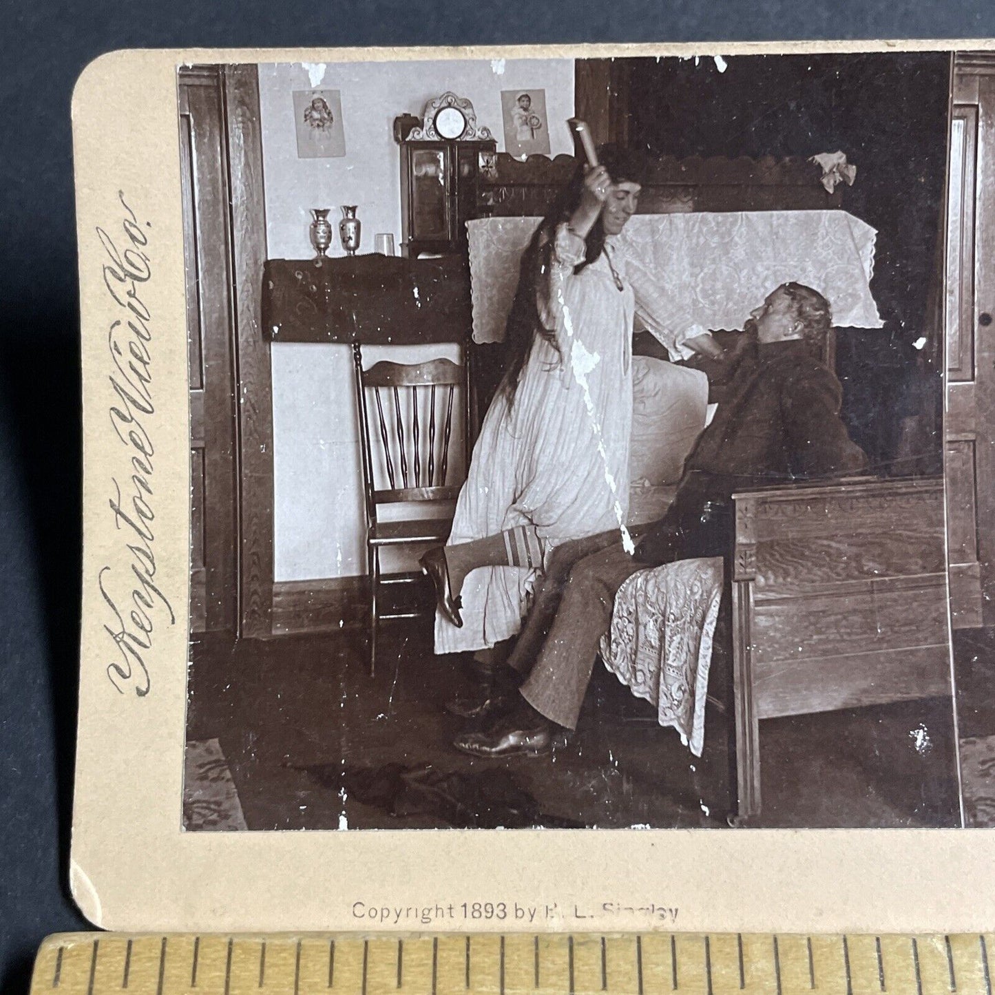 Antique 1893 Woman Beats Man With A Bible Stereoview Photo Card P4731