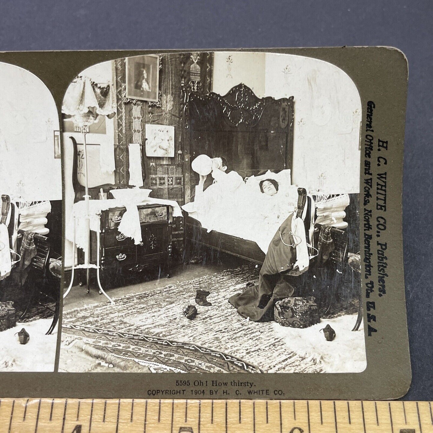 Antique 1904 Drunk Man Drinks From Spittoon Stereoview Photo Card P2663