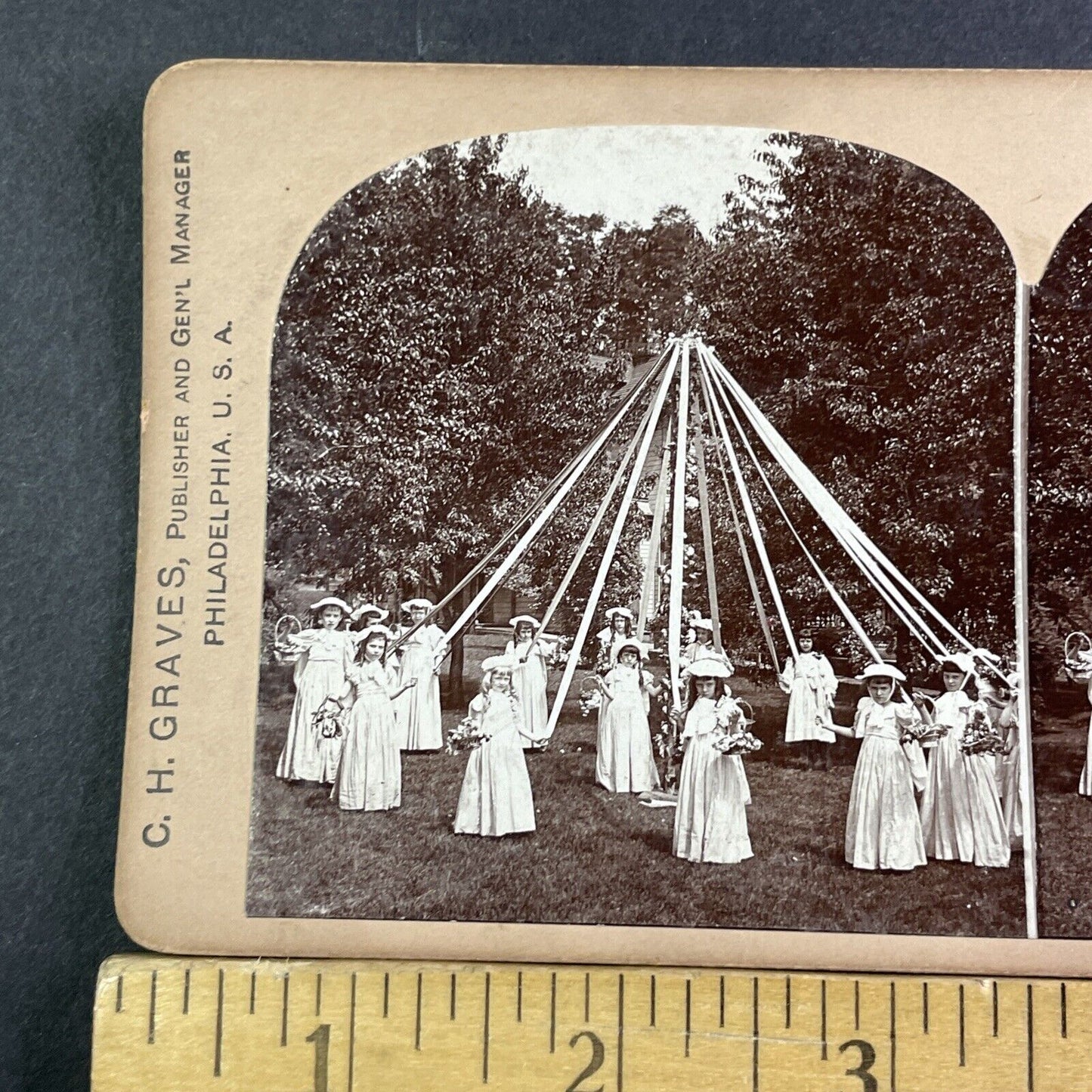 Girls Learning The Maypole Dance Stereoview CH Graves Antique c1894 X3517