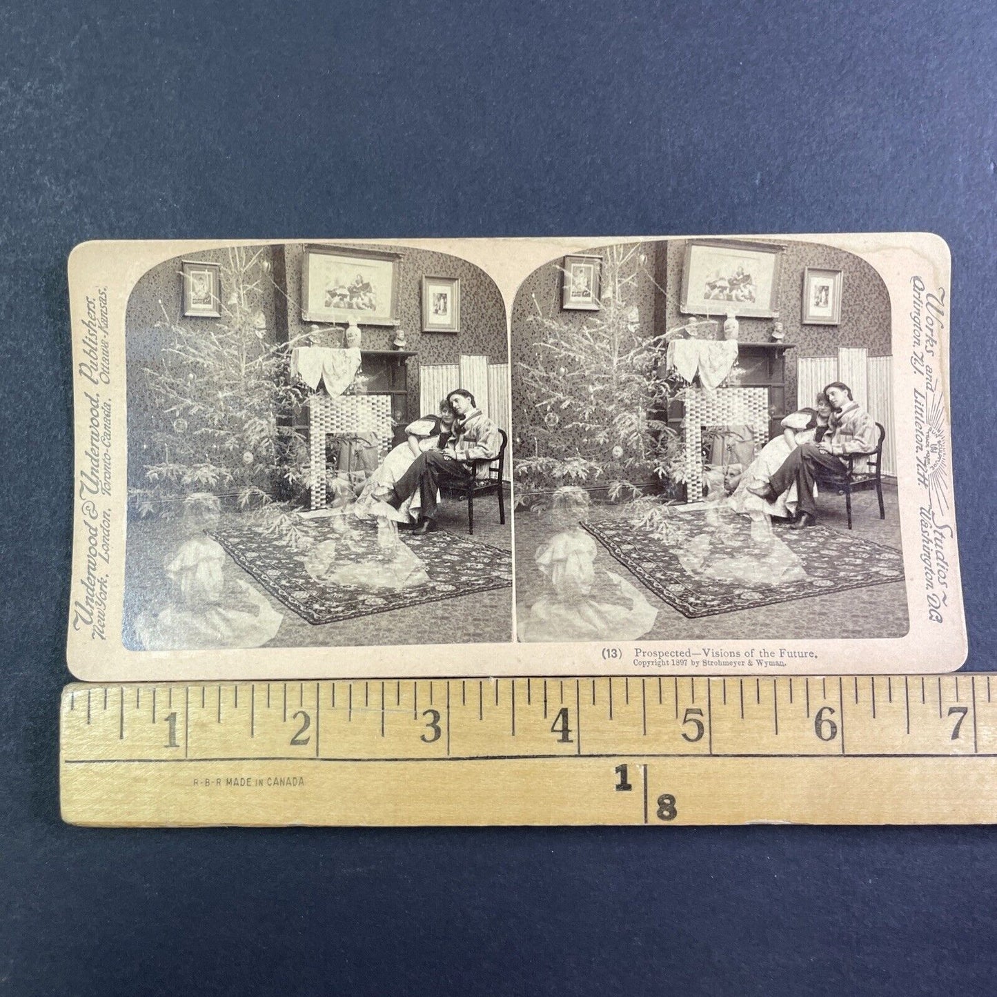 Ghost Children in Front of Ghost Christmas Tree Stereoview Antique c1897 X4128