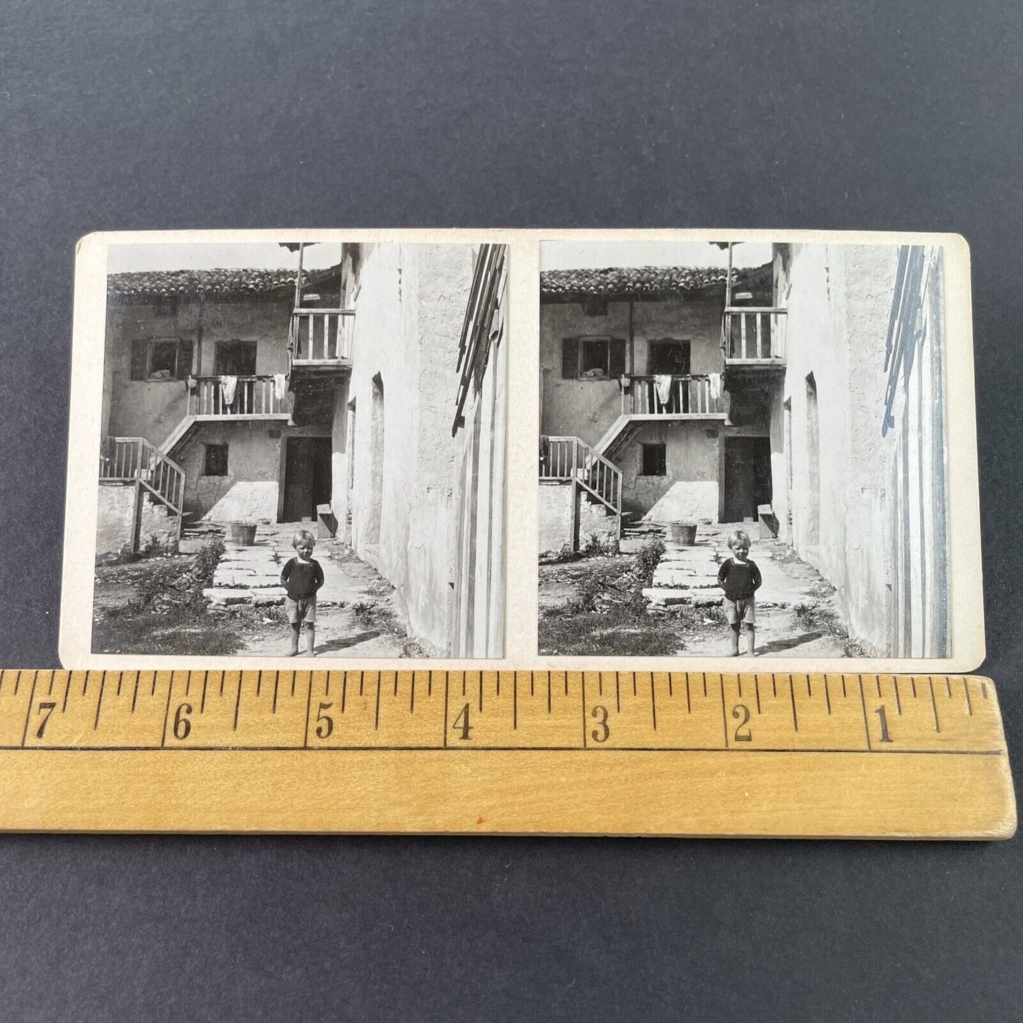 Antique 1925 Italian Boy In Poverty Italy OOAK Stereoview Photo Card P3240