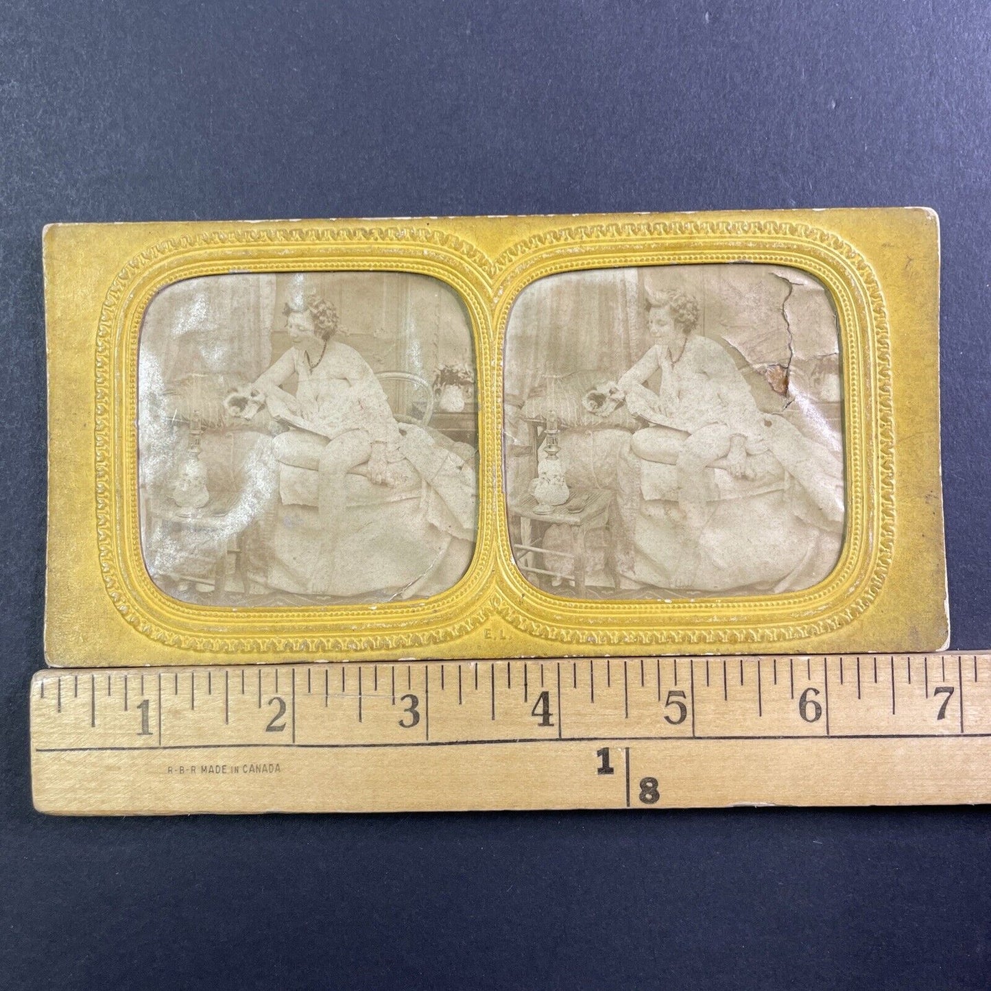 Risque Photo Of Woman Undressing Stereoview French Tissue Antique c1860s XT2121