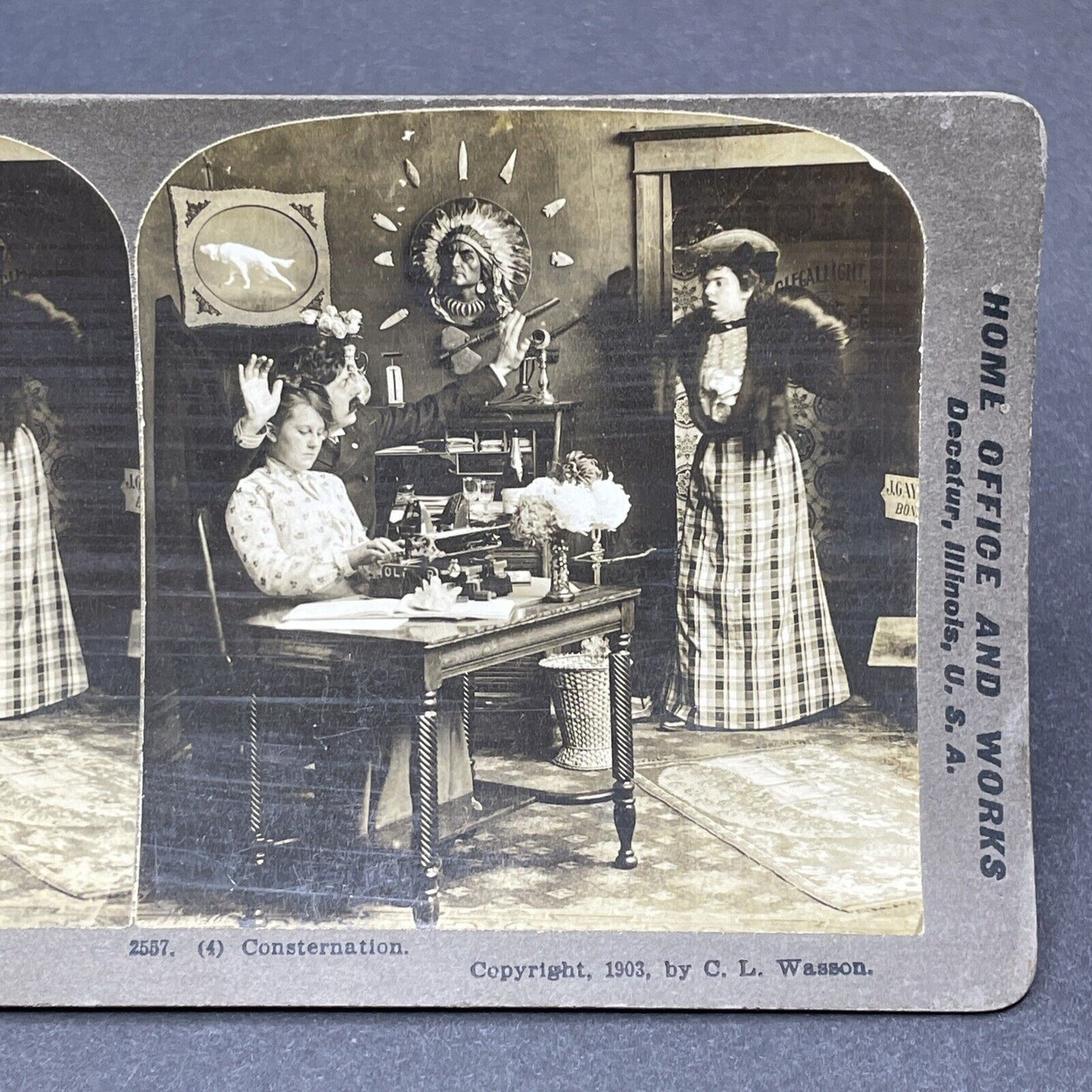 Antique 1903 Man Gets Caught Flirting With Secretary Stereoview Photo Card P1808