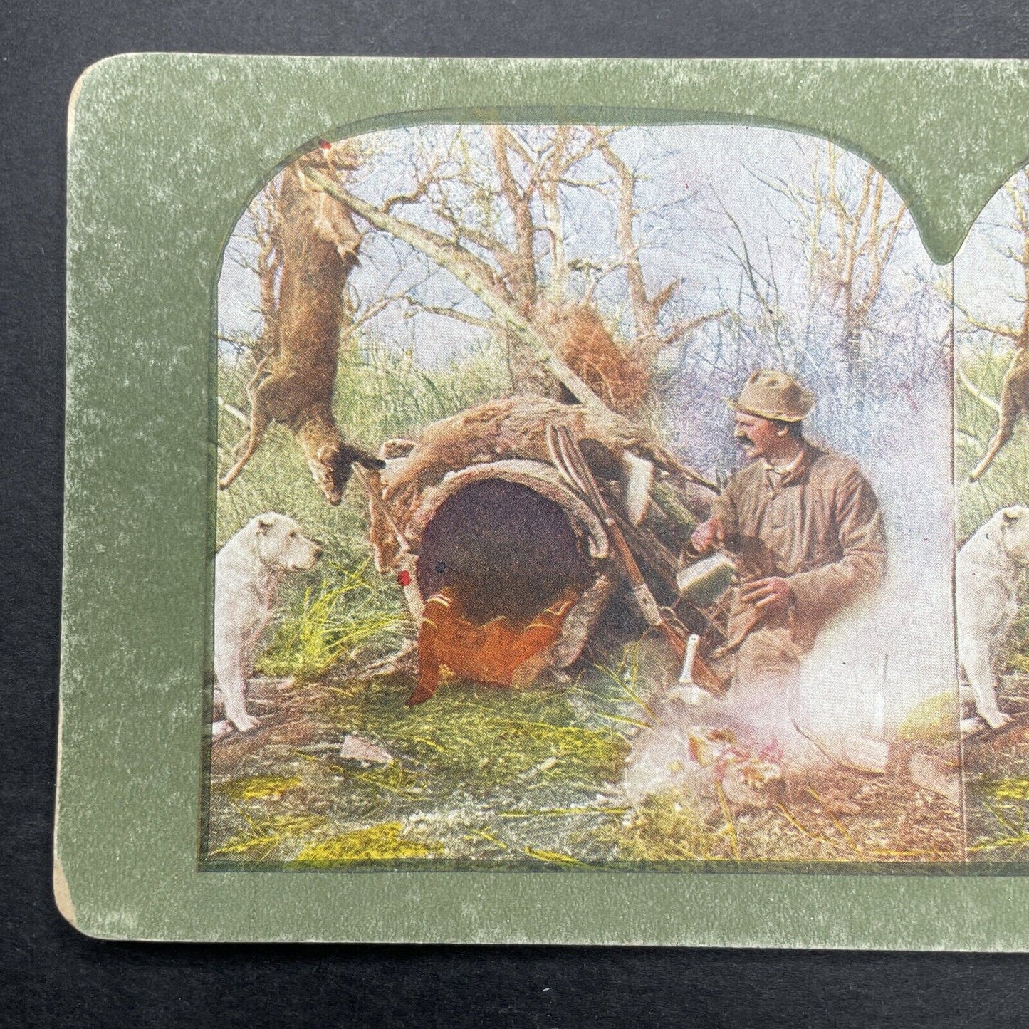 Antique 1899 Deer Hunter & Dog In Camp Stereoview Photo Card P580-070