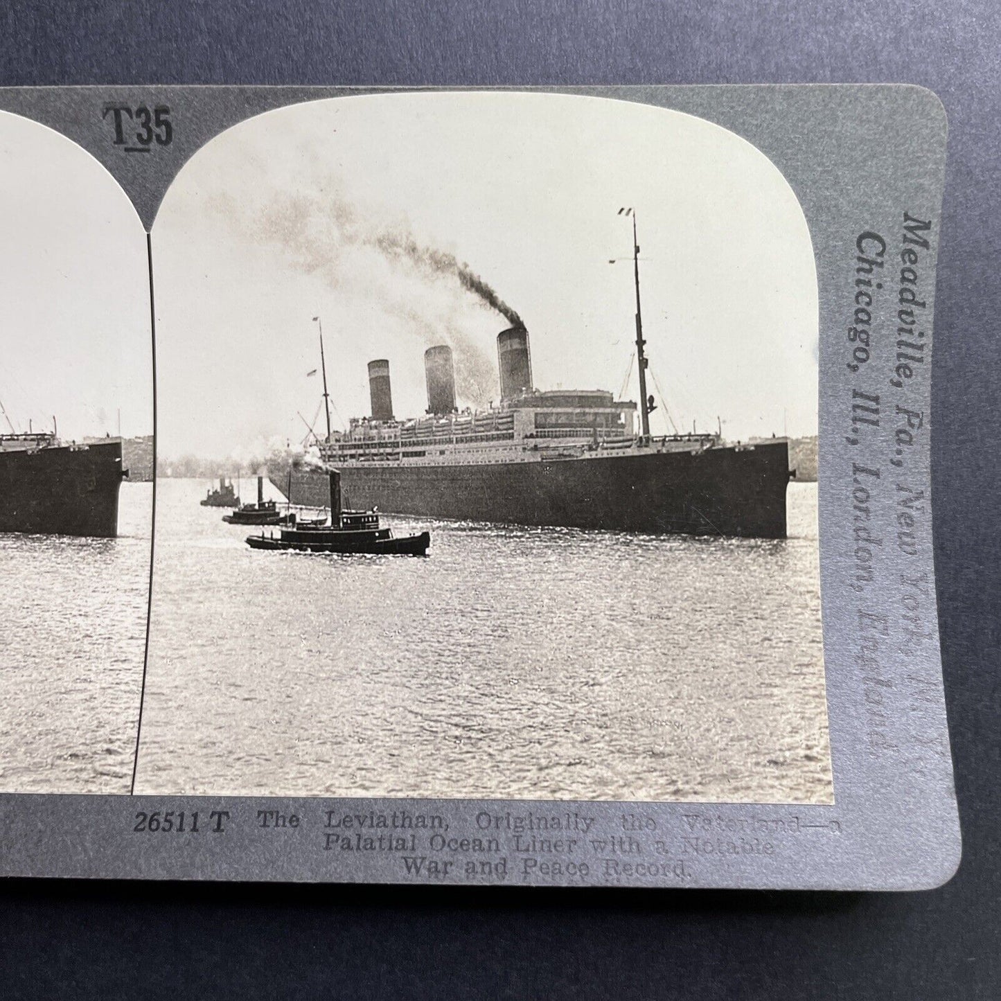 Antique 1921 USS Leviathan Ship & Tugboats Stereoview Photo Card P1663