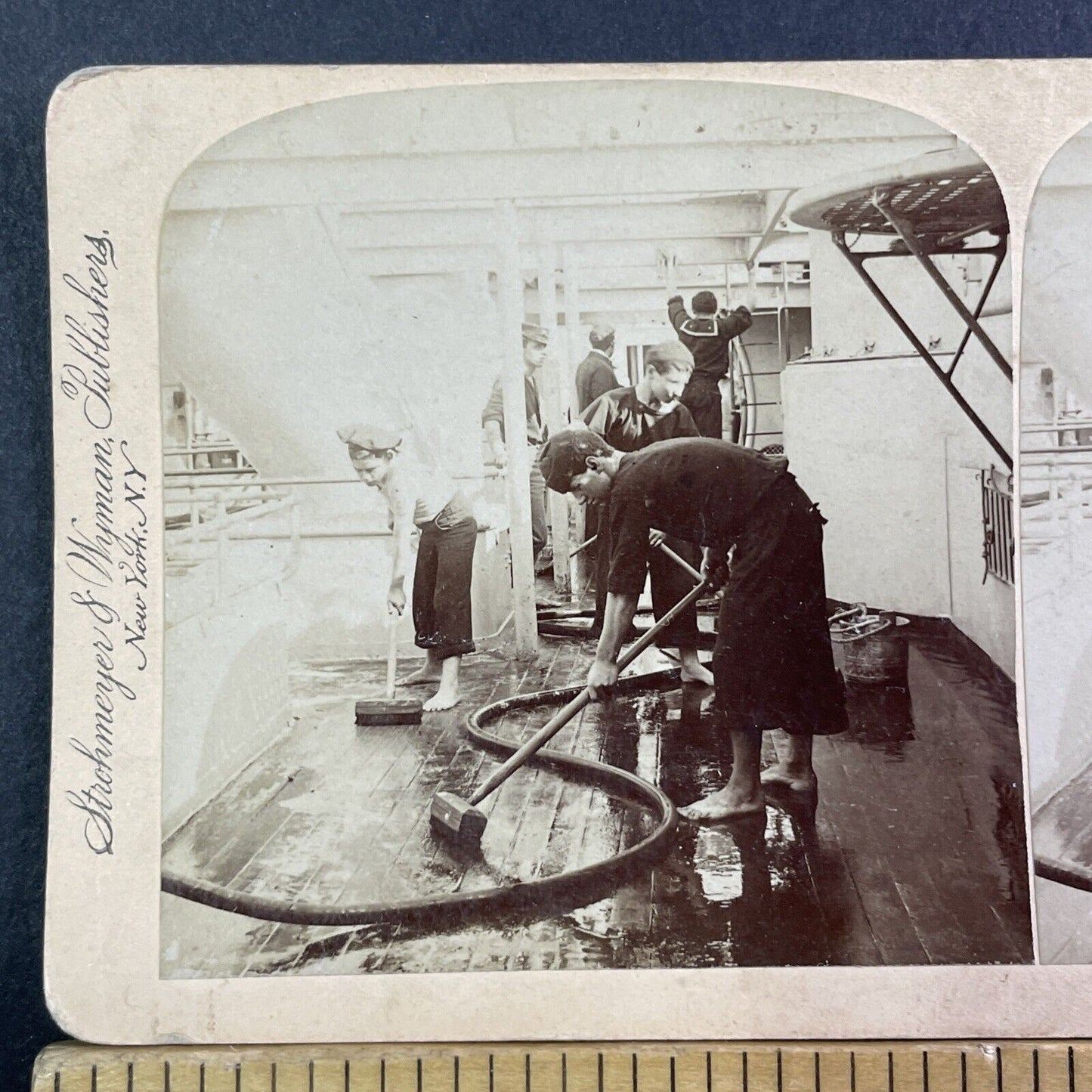 Teens Scrubbing The Deck Of USS Brooklyn Ship Stereoview Antique c1899 X3838