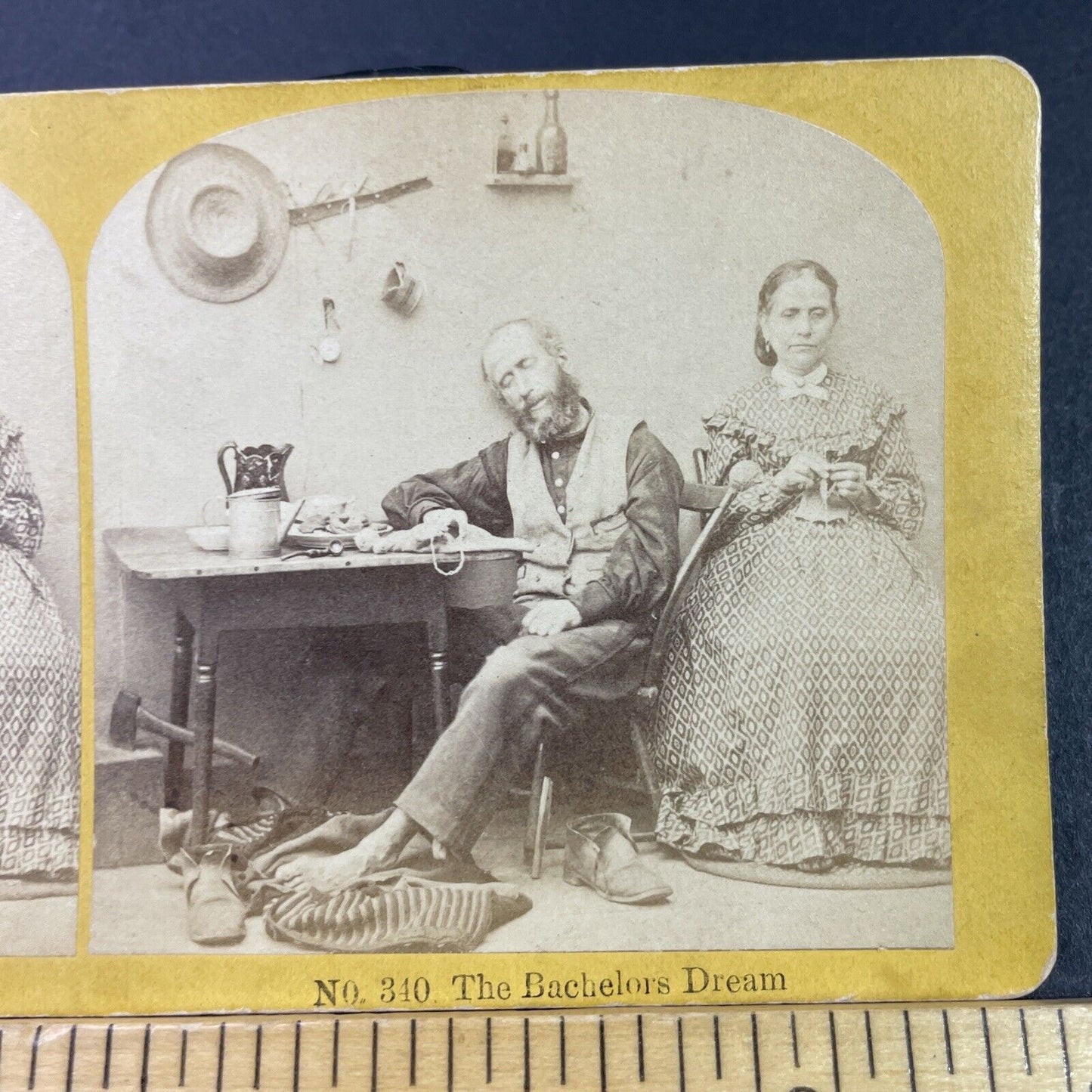 Antique 1870s Woman Knits While Husband Sleeps Stereoview Photo Card P3361