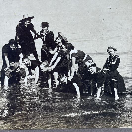 Antique 1890s Beach Swimming Atlantic City NJ Stereoview Photo Card P2440