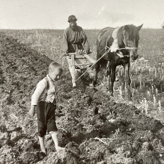 Antique 1920s Russian Ukranian Farmers Plough Fields Stereoview Photo Card P3696