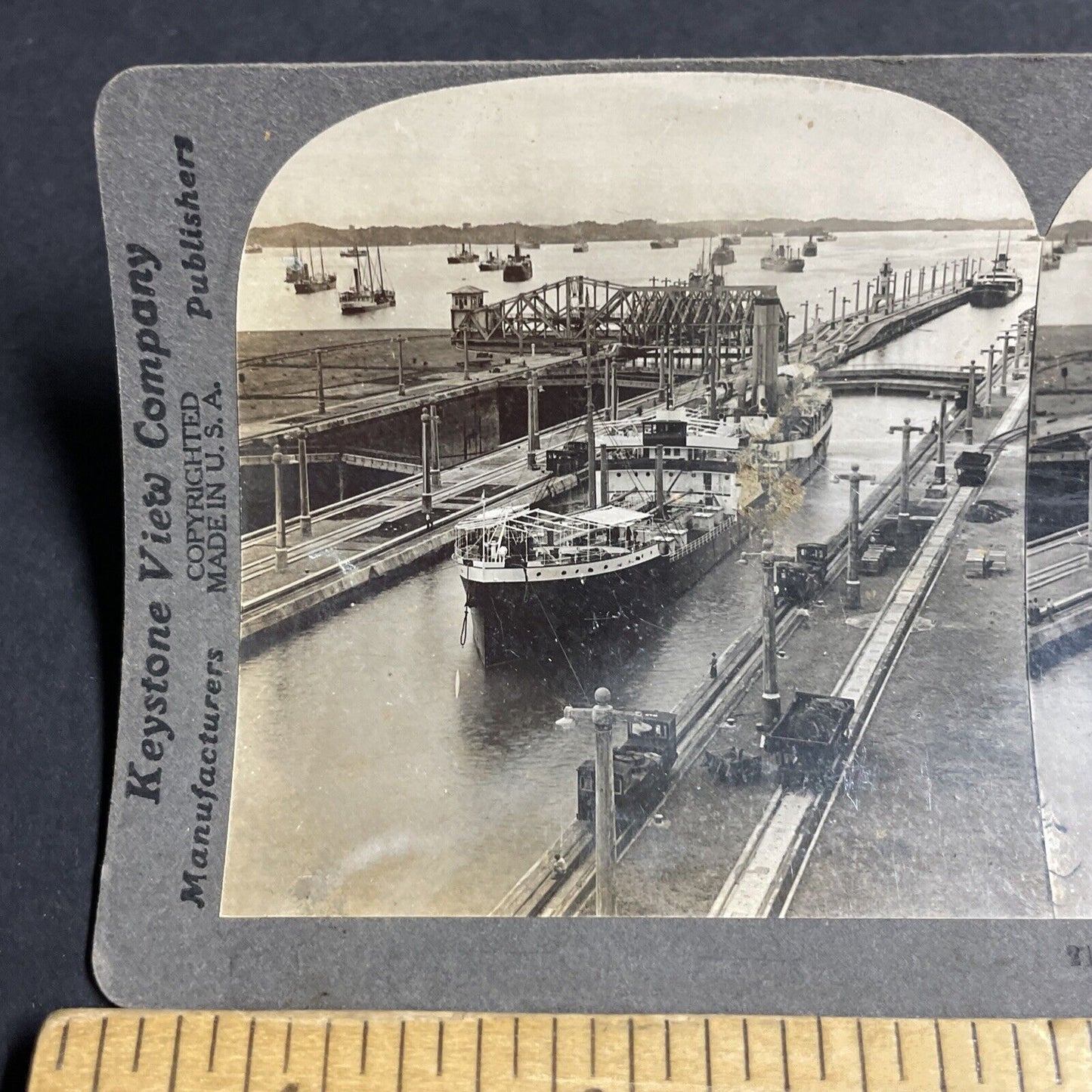 Antique 1910s Boat Vessel Ship In Panama Canal Stereoview Photo Card P4580