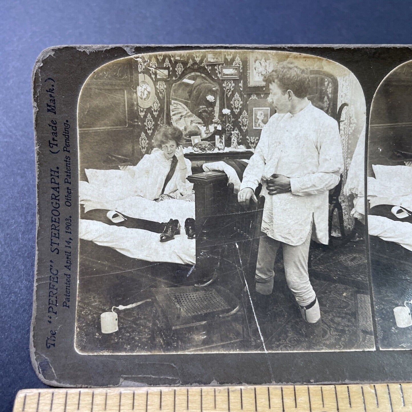 Antique 1903 Woman Seduces Man In Morning Stereoview Photo Card P2895