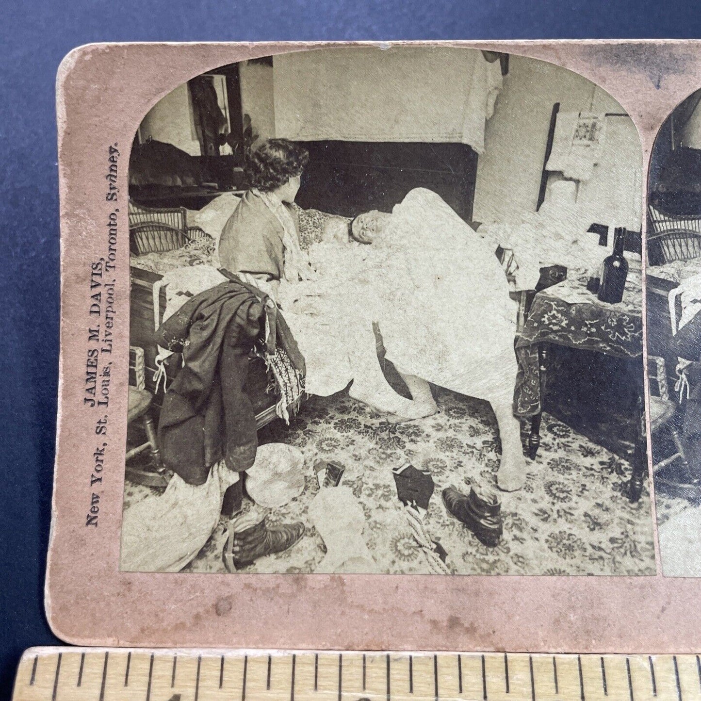 Antique 1892 Drunk Man Acting Sloppy In Bed Stereoview Photo Card P4104