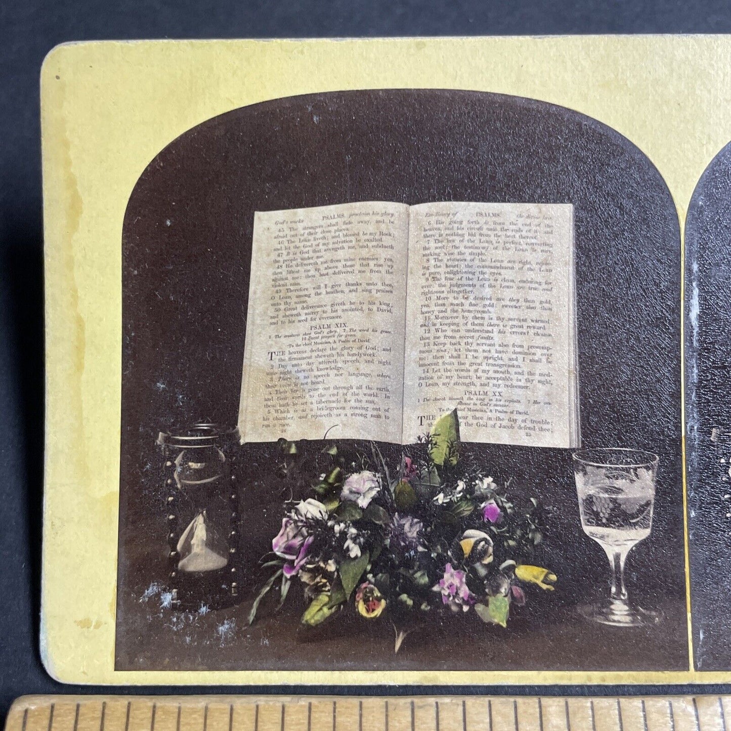 Antique 1870s Flower Arrangement For Bible Study Stereoview Photo Card P4699