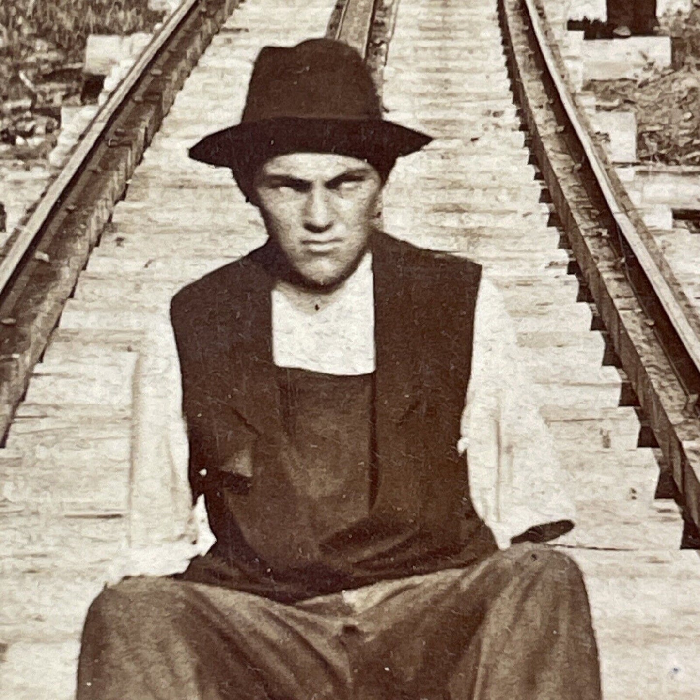 Railroad Worker Missing an Arm Stereoview Mt Washington Railway c1870s Y1477