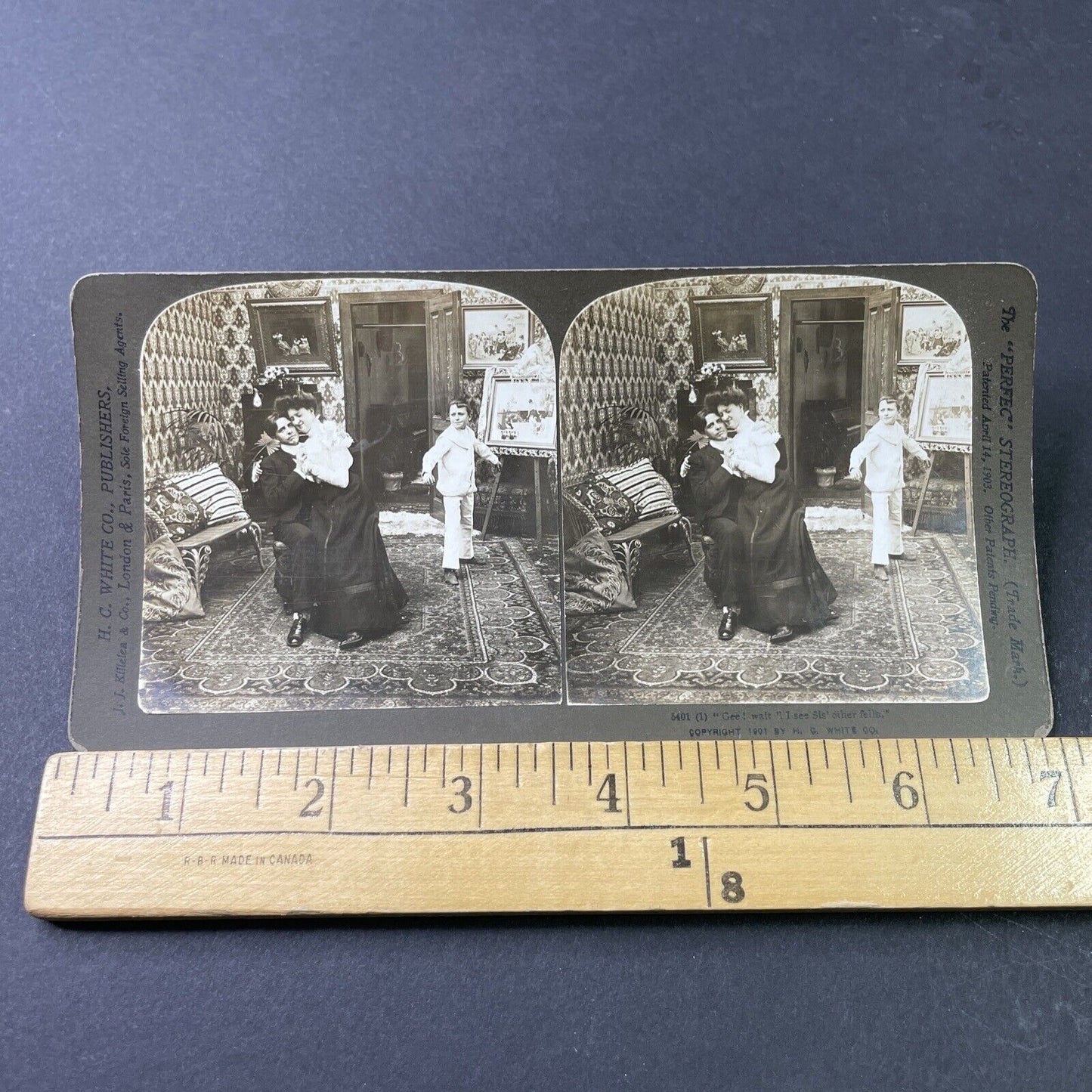 Antique 1901 Boy Spies On Cuddling Lovers Stereoview Photo Card P2991