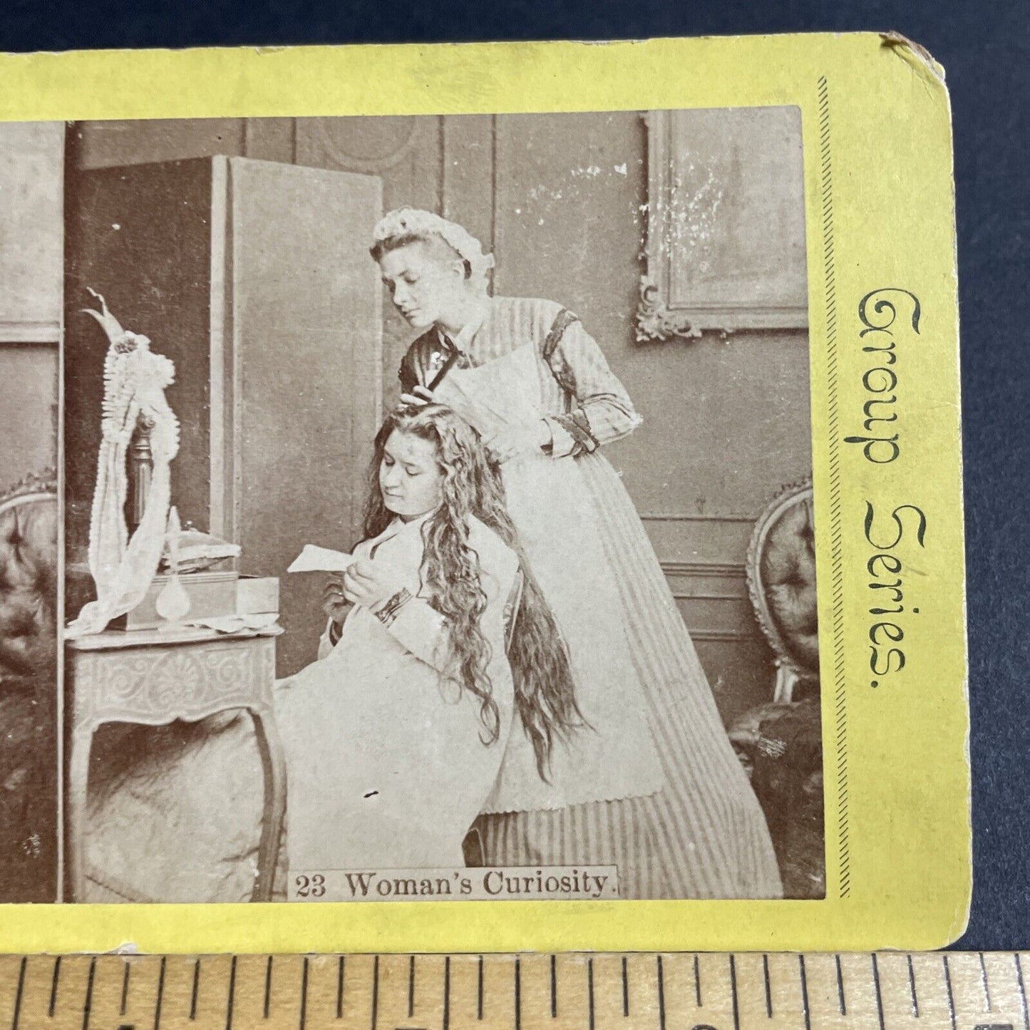 Antique 1870s Maid Servant Fixes Girls Hair Stereoview Photo Card P4815