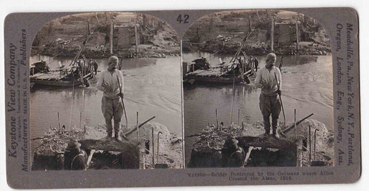 Antique 1918 WW1 Germans Destroyed Bridge On Aisne River France Stereo Card P161