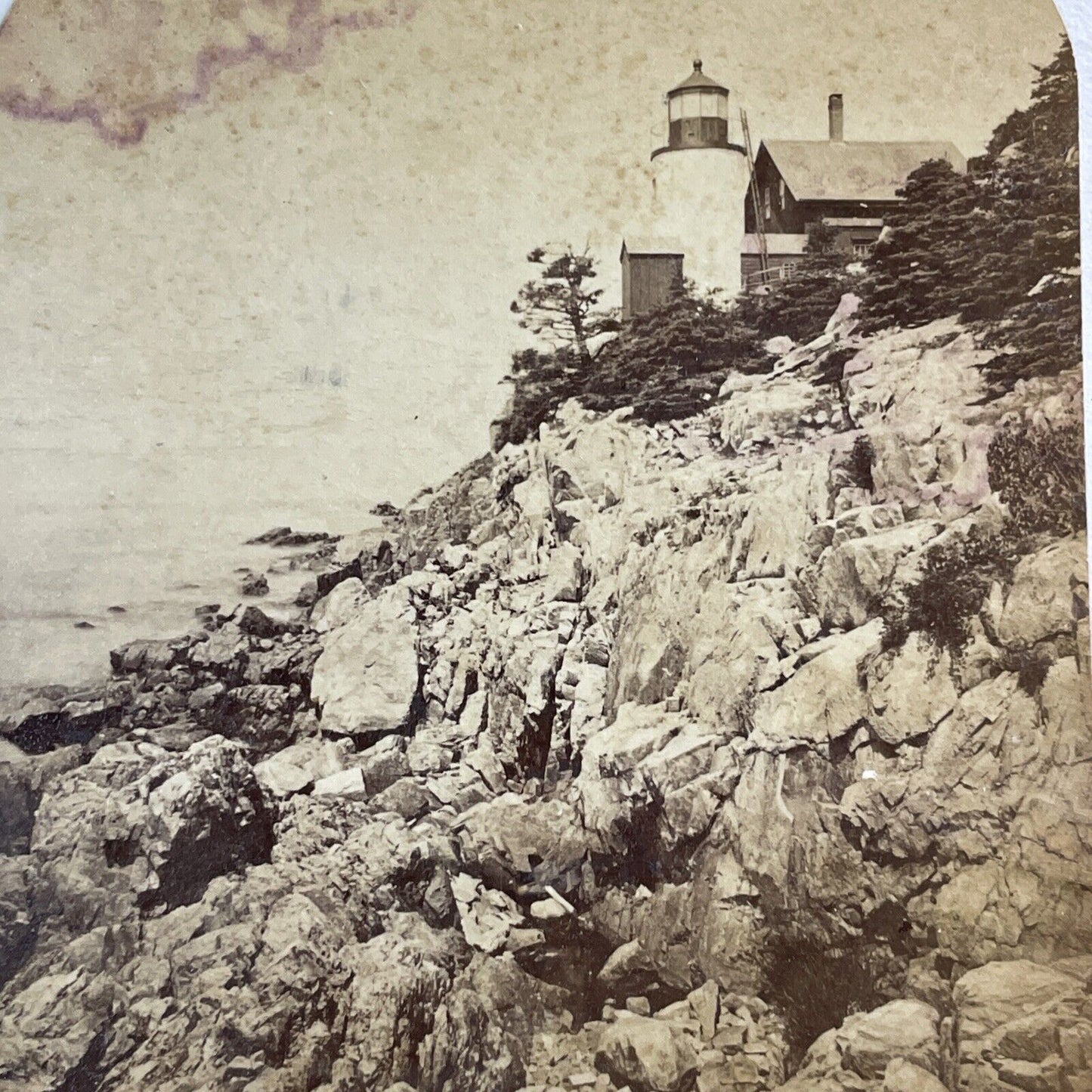 Bass Harbor Head Light Lighthouse Stereoview Mt Desert Maine Antique c1870s Y168