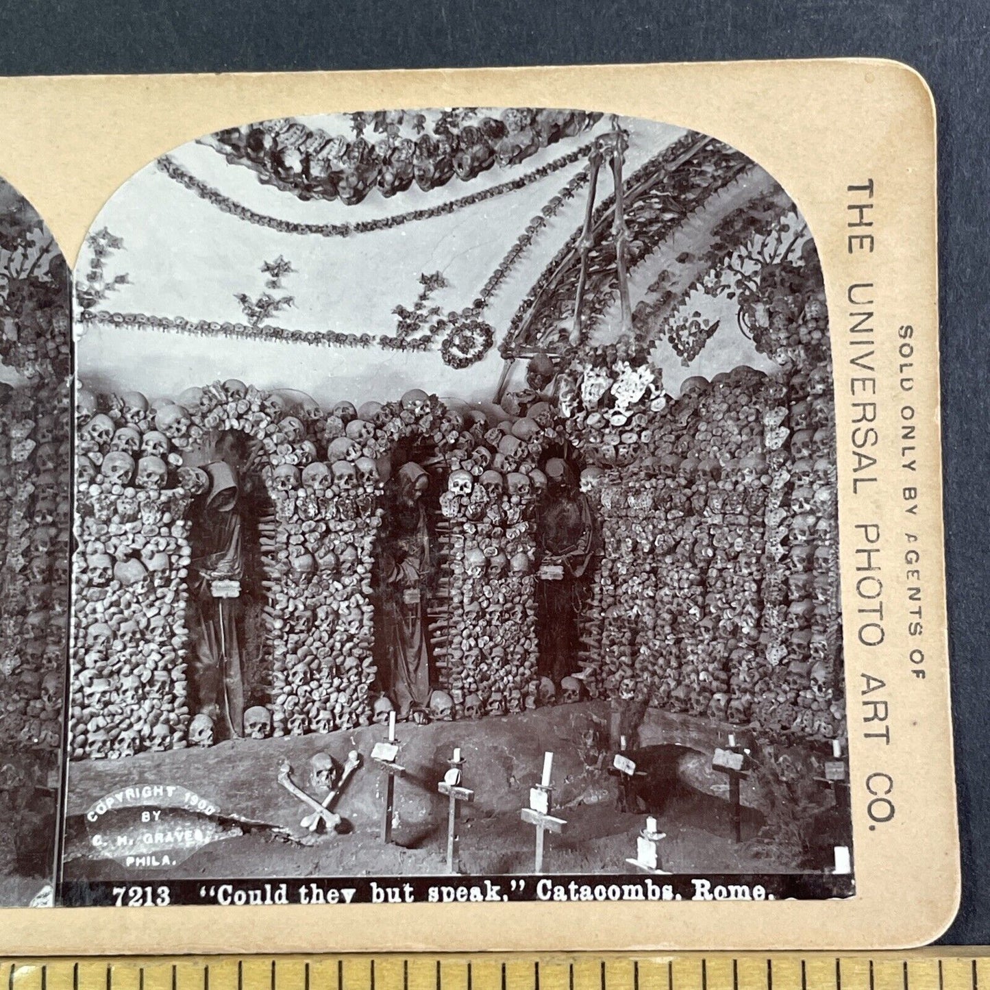 Stacks Of Human Skulls Occult Crypt Stereoview Rome Italy Antique c1900 X3528