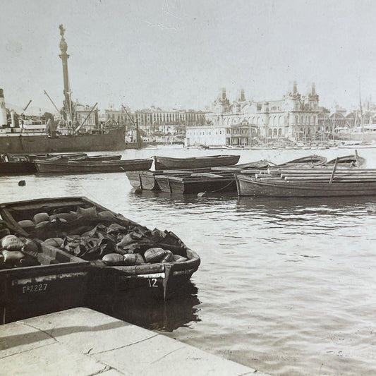 Antique 1908 City Of Barcelona Spain From Harbor Stereoview Photo Card P2183