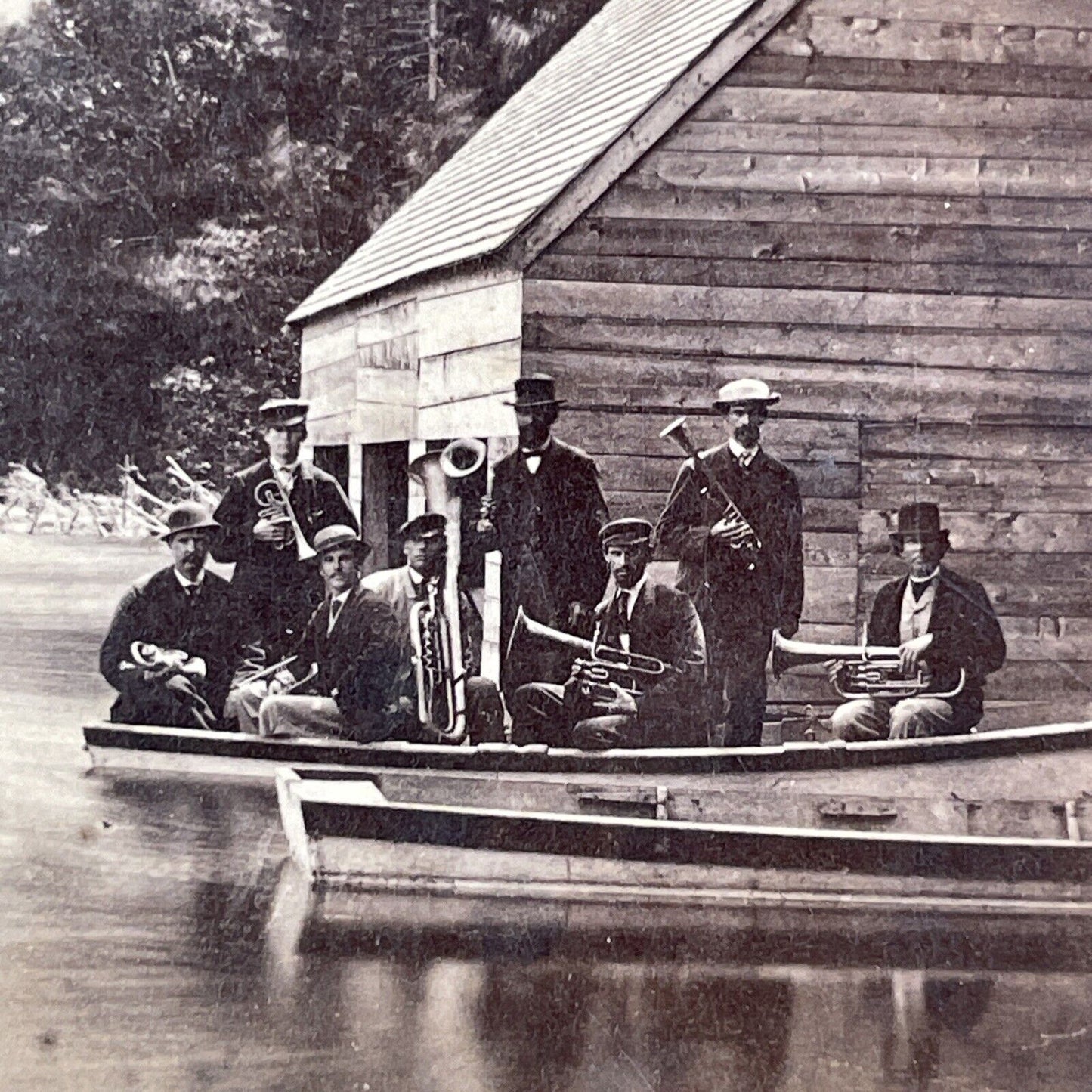 Concert Band on Echo Lake Franconia Notch Stereoview New Hampshire c1870s Y941