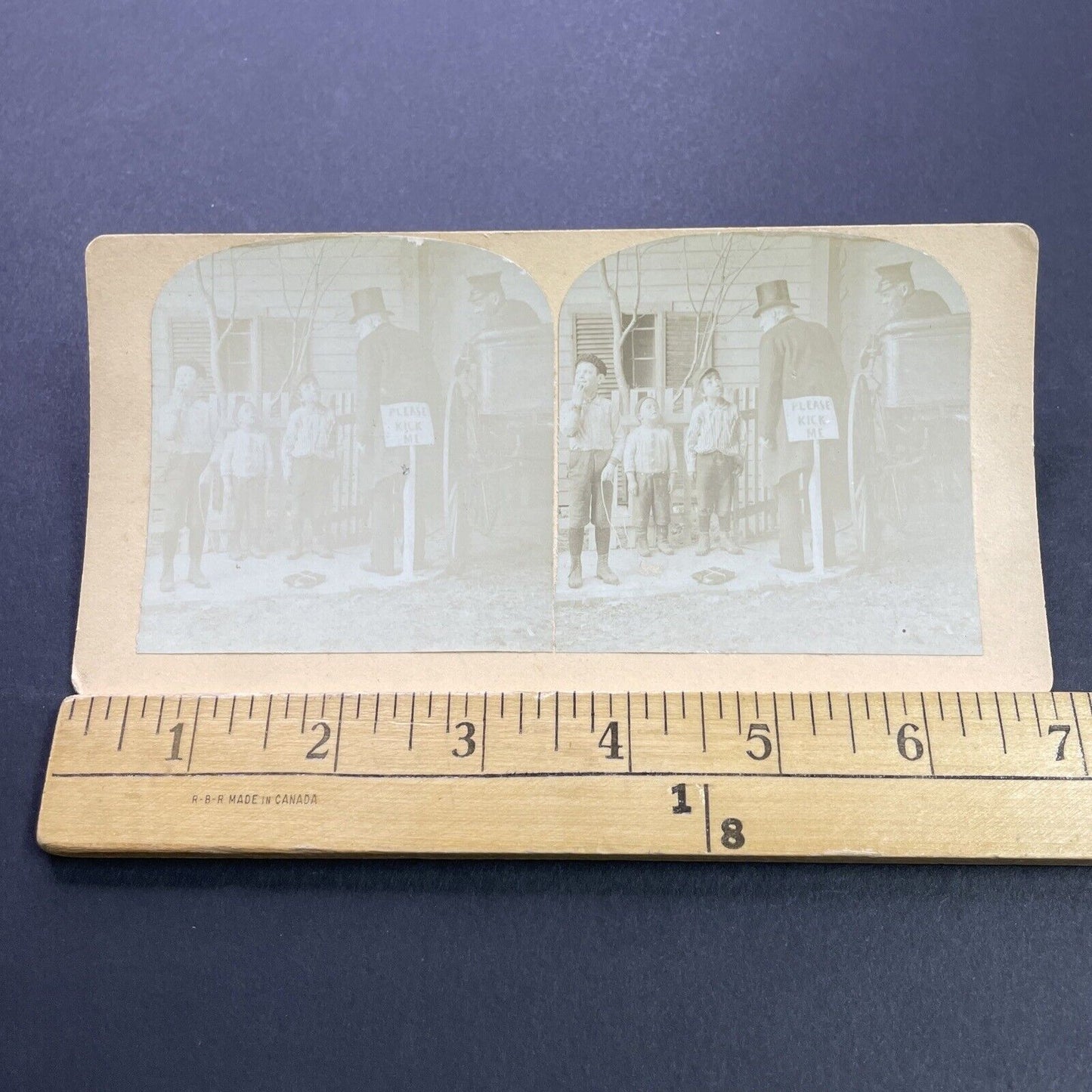 Antique 1860s Boys Put 'Kick Me' Sign On Banker Stereoview Photo Card P3543