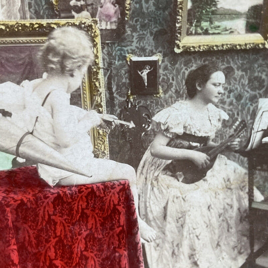 Antique 1899 Woman Plays Ukulele For Child Stereoview Photo Card P2681