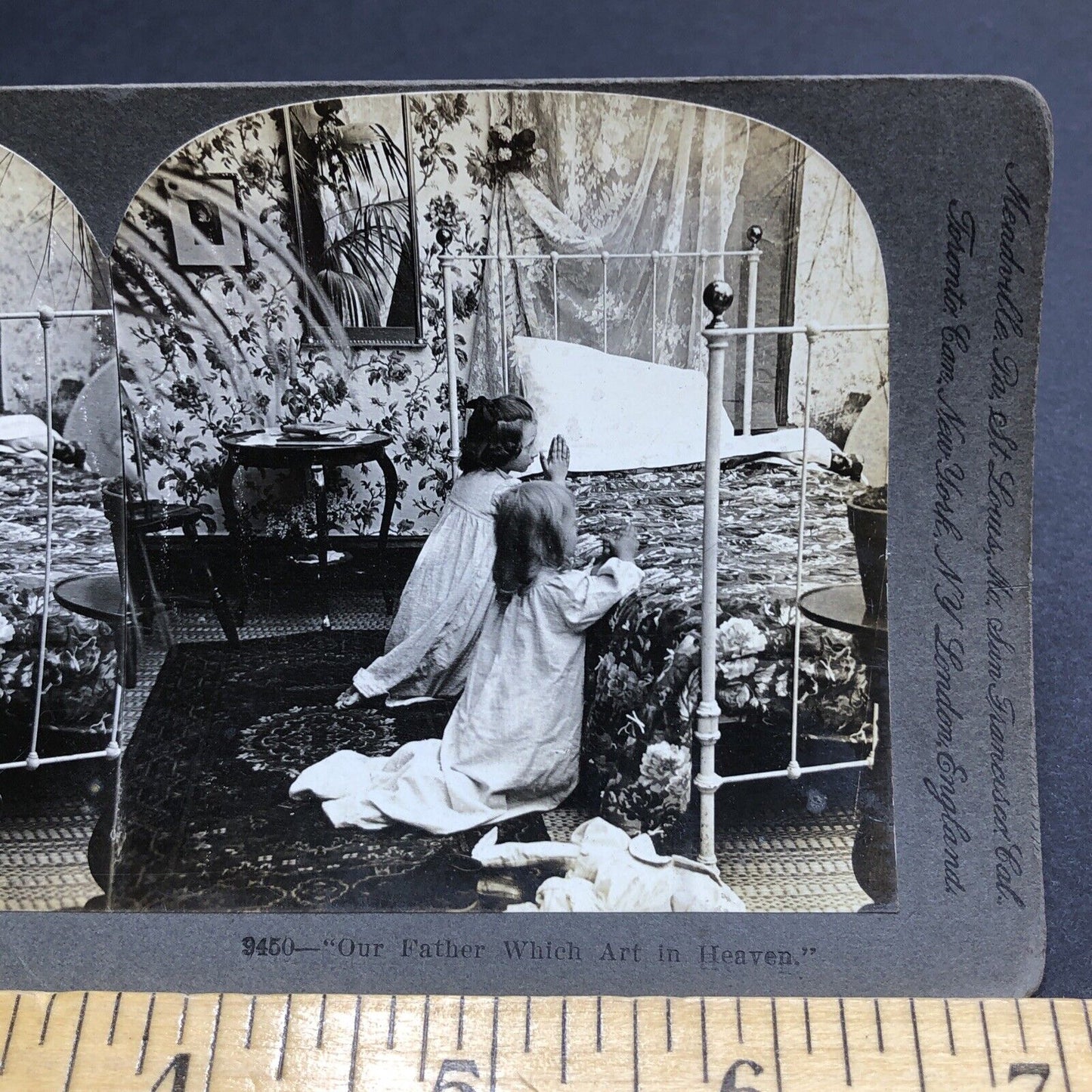 Antique 1900 Girls Say Their Prayers Before Bedtime Stereoview Photo Card P1992