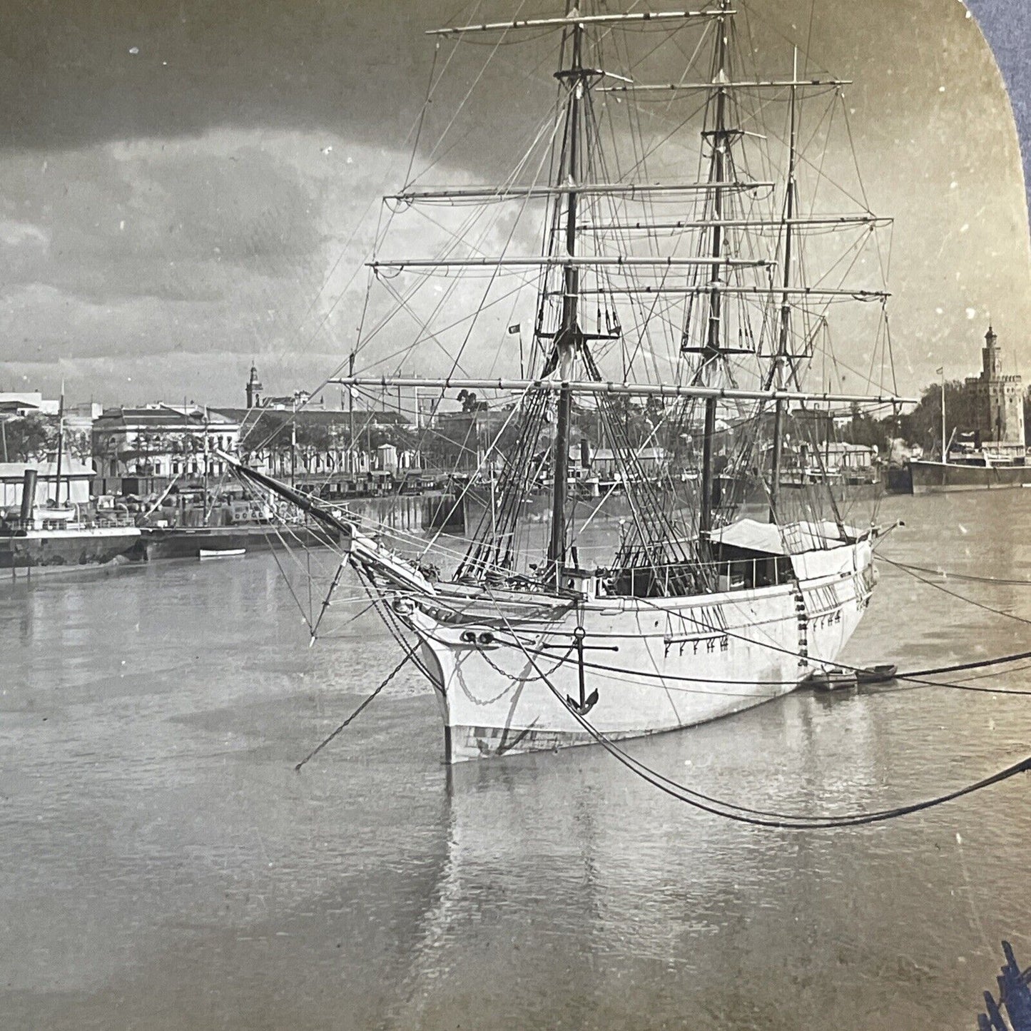 Sailing Ship in Seville Spain Stereoview Harbor View Antique c1908 X4211