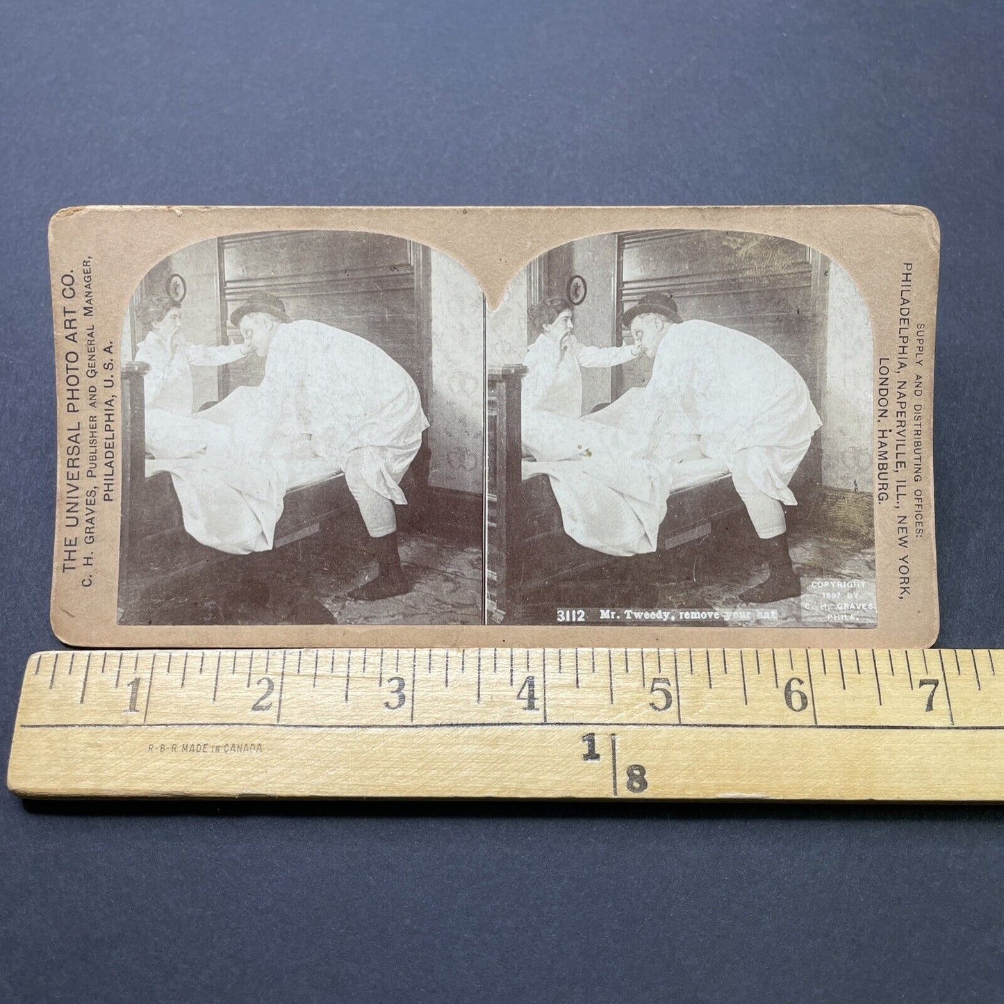 Antique 1897 Woman Kicks Man Out Of Bed Stereoview Photo Card P2567