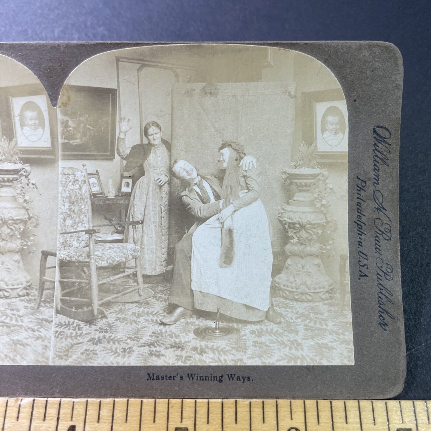 Antique 1892 Man Flirts With Maid While Wife Watches Stereoview Photo Card P3400