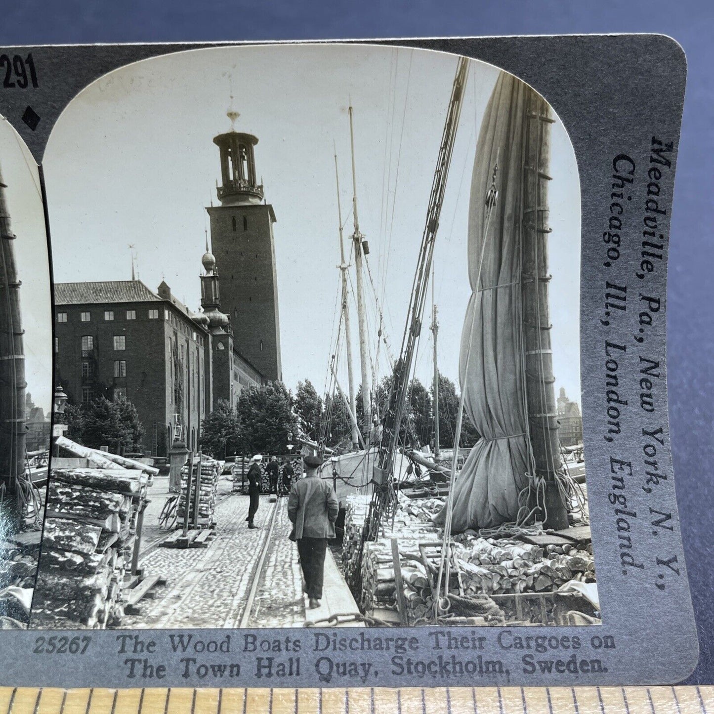 Antique 1924 Lumber At Ship Port Stockholm Sweden Stereoview Photo Card P1944