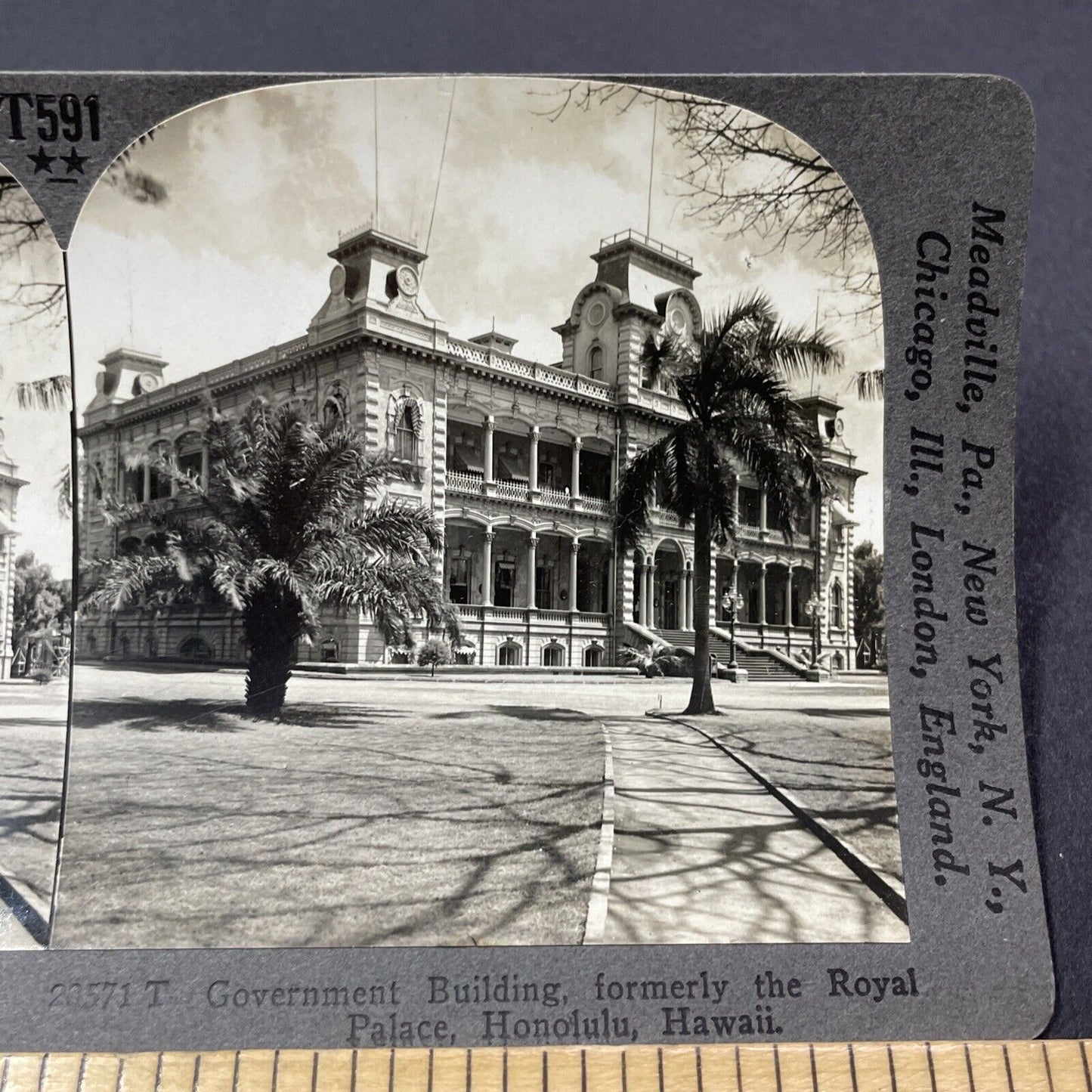 Antique 1929 Royal Palace City Hall Honolulu Hawaii Stereoview Photo Card V2160