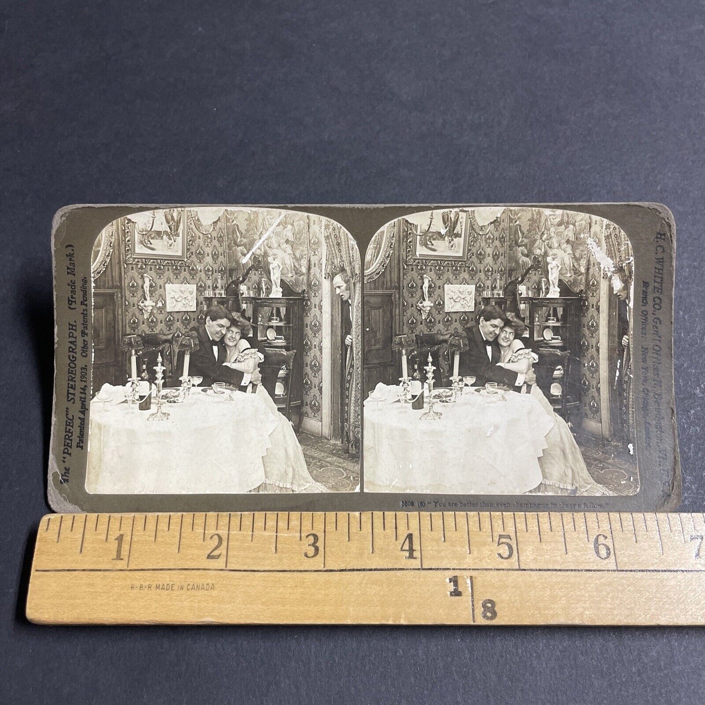 Antique 1903 Busty Woman Hugs A Man At Dinner Stereoview Photo Card P4745