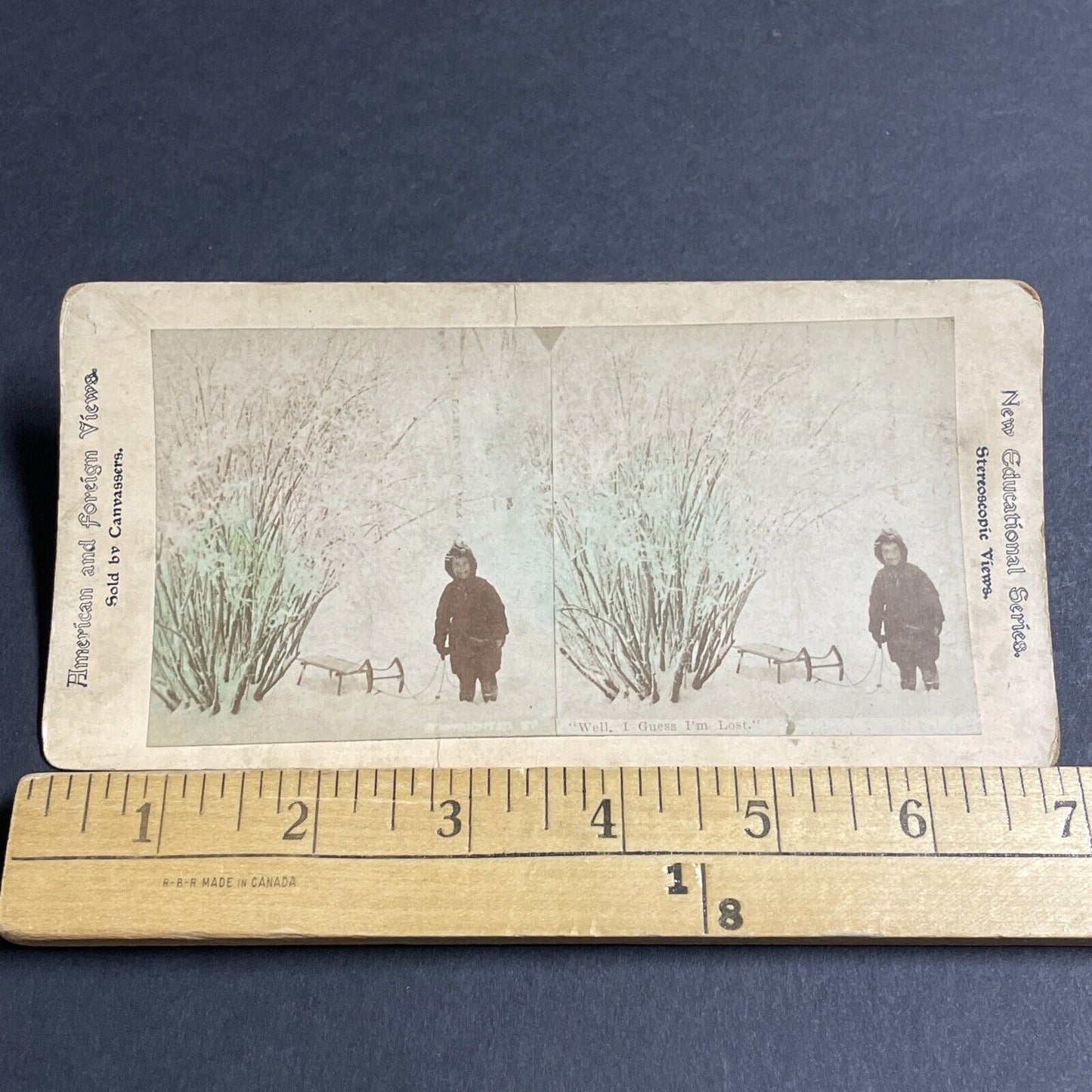 Antique 1880s Boy With Sled In Snowstorm Stereoview Photo Card P4648