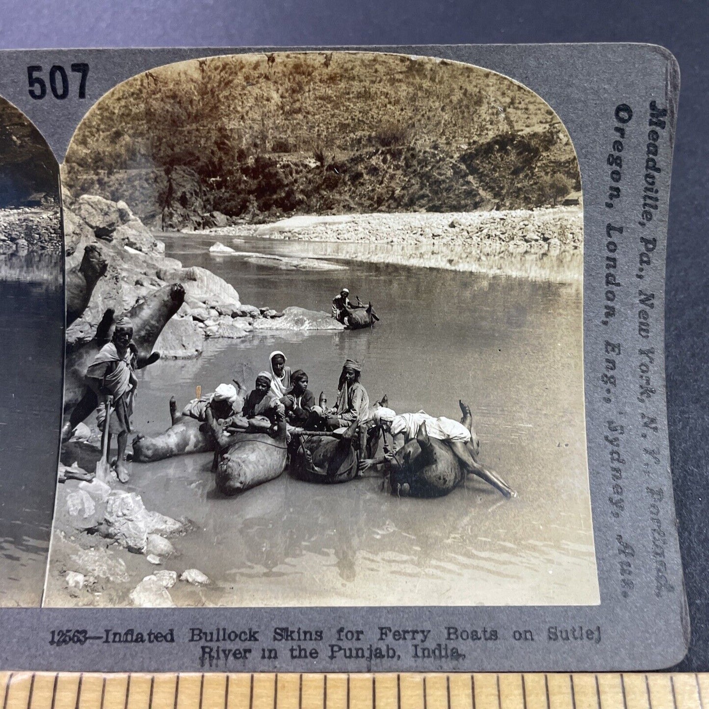 Antique 1910s Men Using Dead Cows As Boats India Stereoview Photo Card P3747