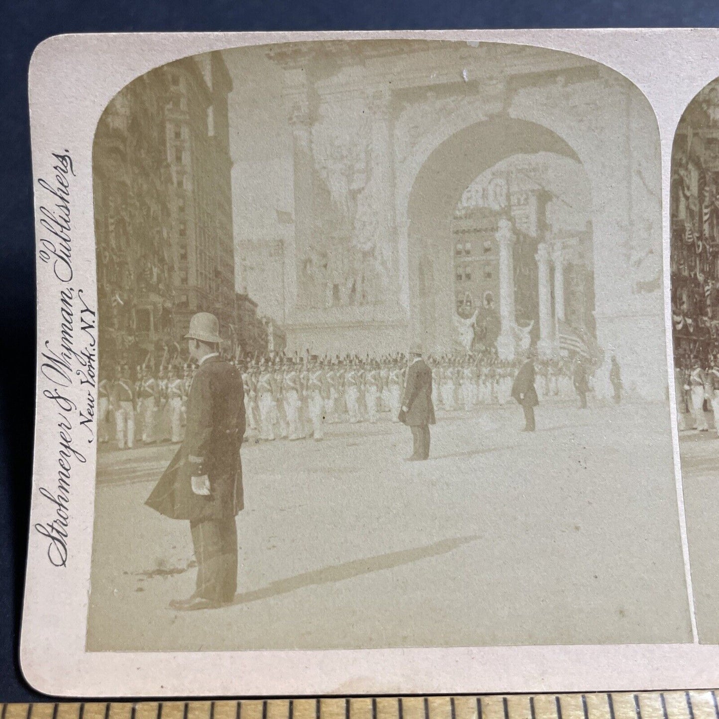 Antique 1899 West Point Army Cadets In Manhattan Stereoview Photo Card P4964