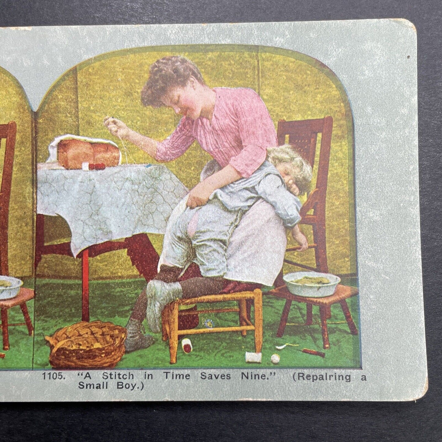 Antique 1892 Mother Sewing A Boy's Ripped Pants Stereoview Photo Card P1231