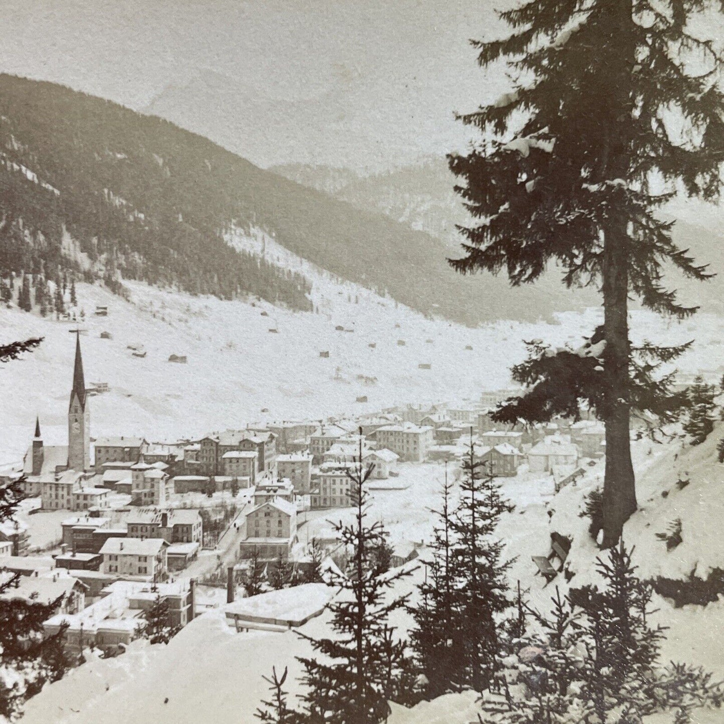 Antique 1901 Heavy Snowfall In Davos Switzerland Stereoview Photo Card P3769