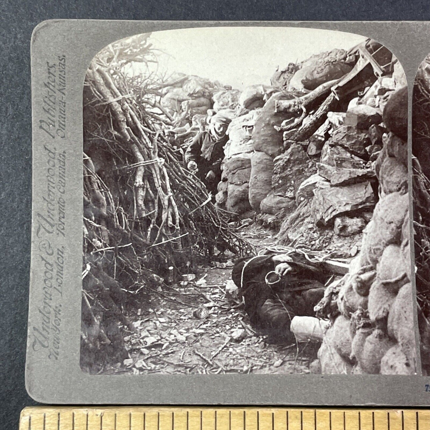 Japanese Soldier Dead In Trench Stereoview Dalian China Antique c1905 X2809