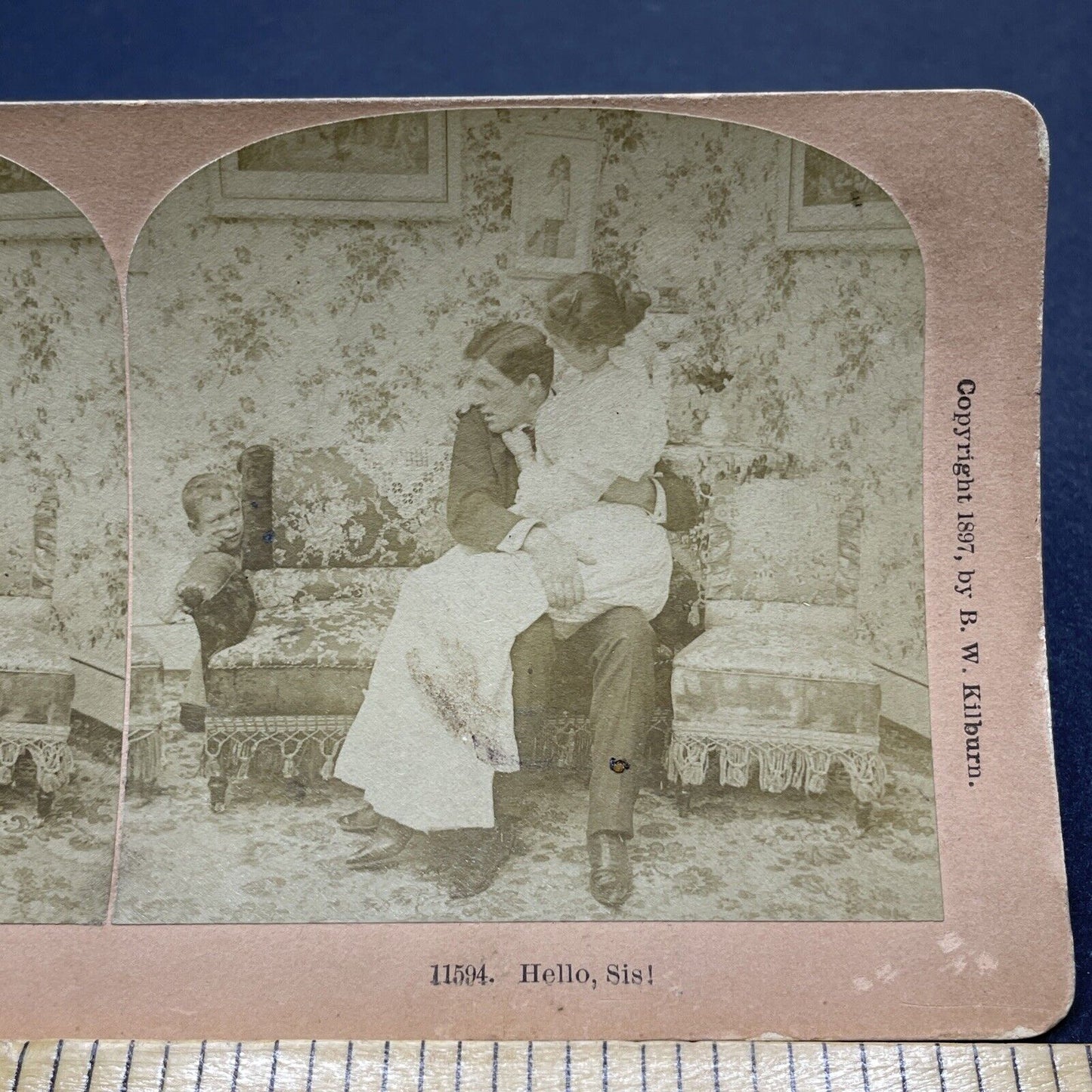 Antique 1897 Boy Catches Couple Kissing On Couch Stereoview Photo Card P1897