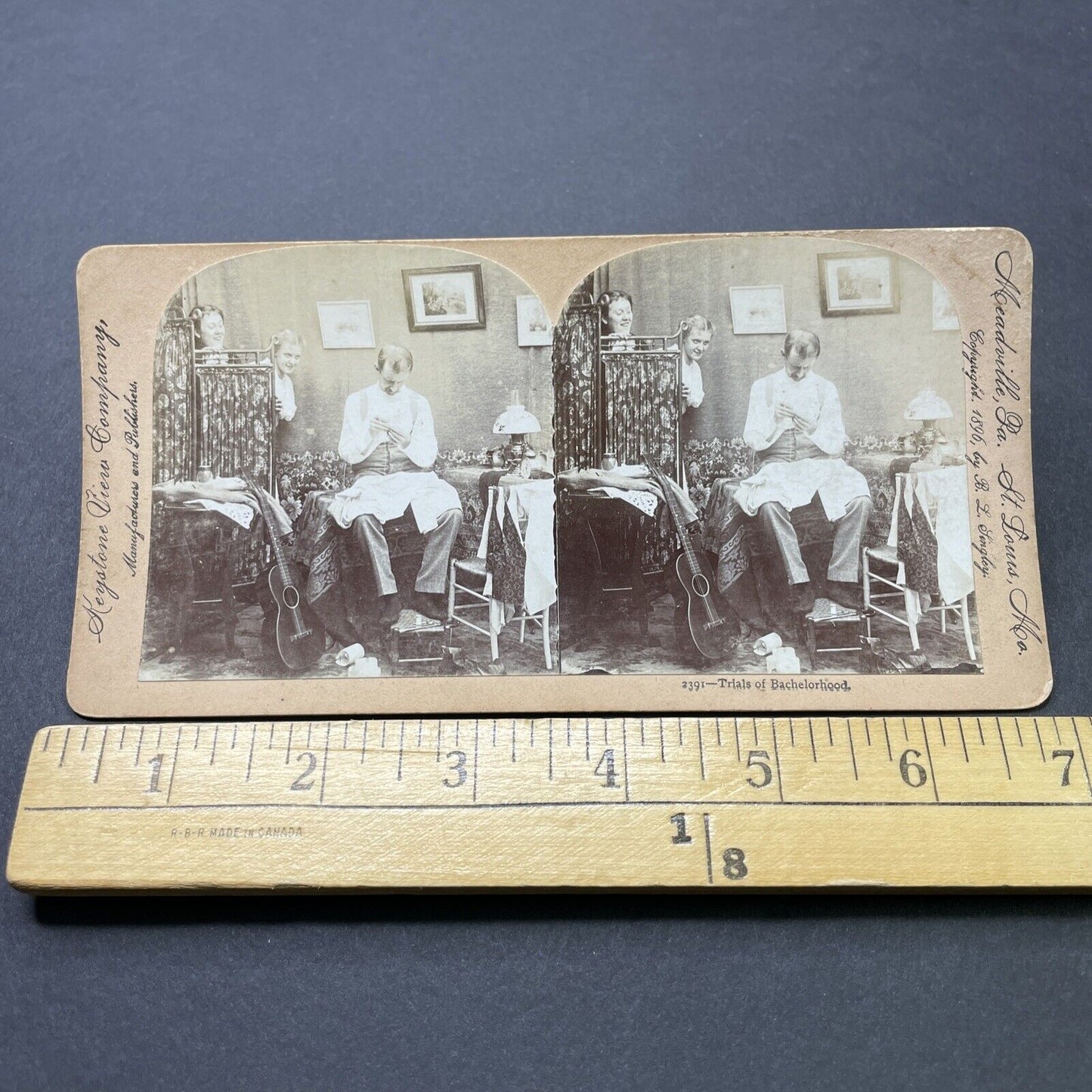 Antique 1896 Women Smile As A Man Sews His Shirt Stereoview Photo Card P2556