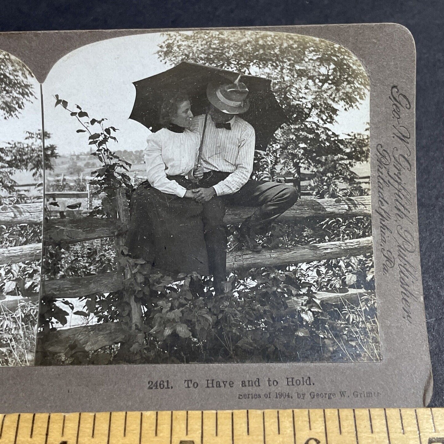 Antique 1904 A Young Couple Cuddles On A Fence Stereoview Photo Card P4685