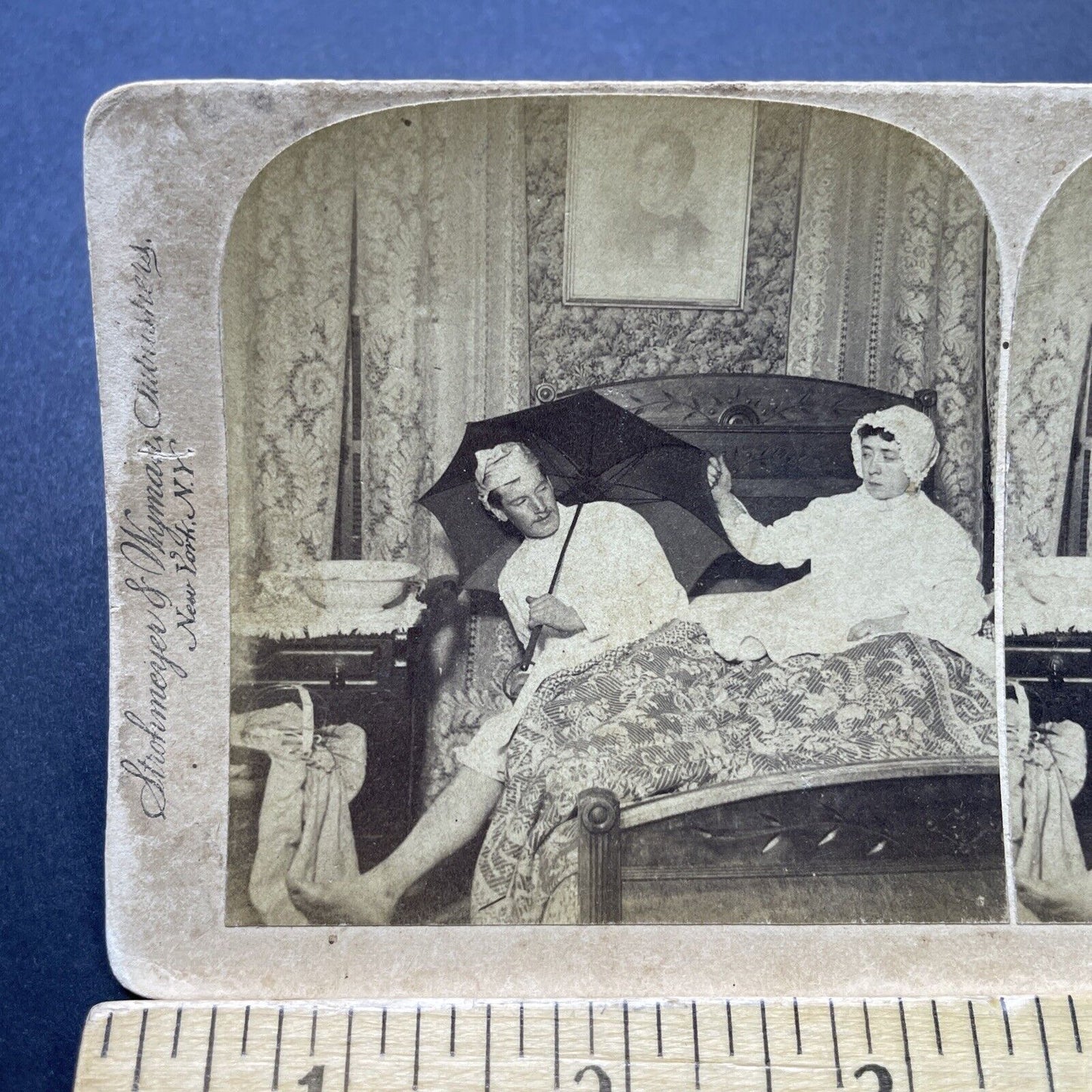 Antique 1890 Drunk Man Returns Home To Wife In Bed Stereoview Photo Card P2514