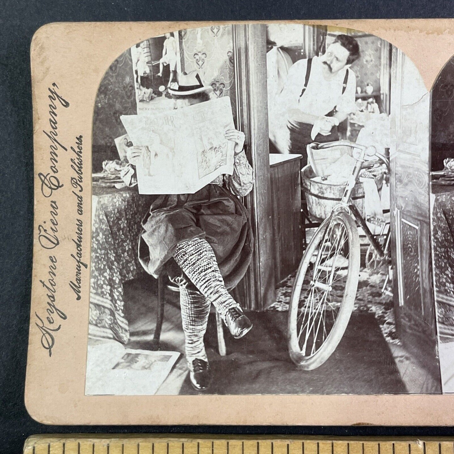 Suffragette Feminist Gets Man To Wash Dishes Stereoview Antique c1899 X4123