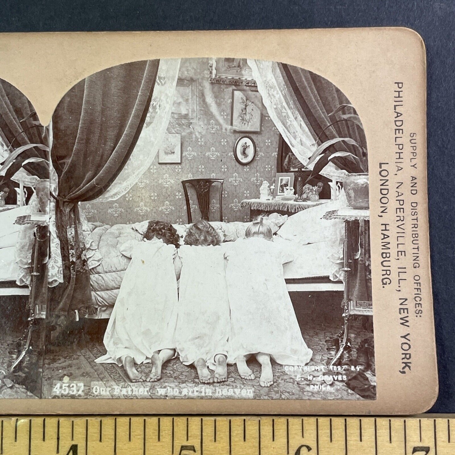 Children Praying At Bedtime Stereoview CH Graves Antique c1897 X2834