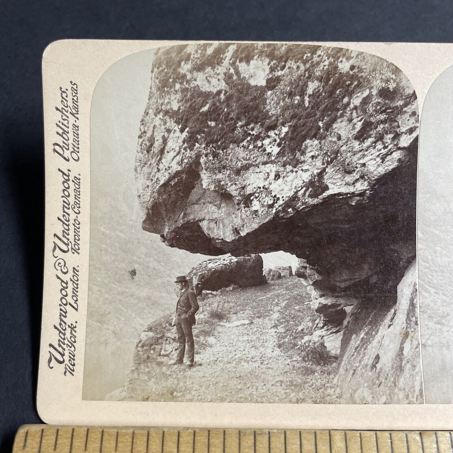 Antique 1894 Man Standing Under Big Rock Sogne Norway Stereoview Photo Card 4591