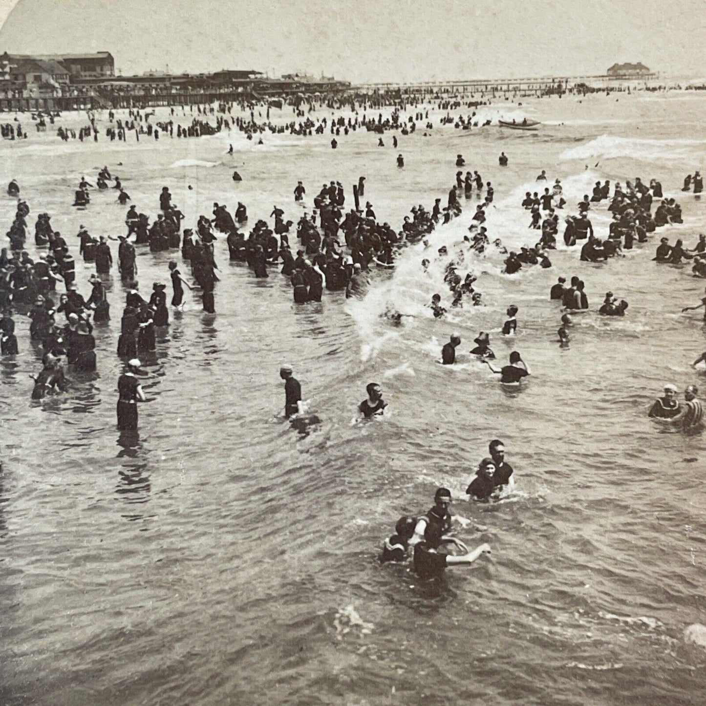 Swimming in the Ocean Stereoview Atlantic City New Jersey Antique c1897 Y522